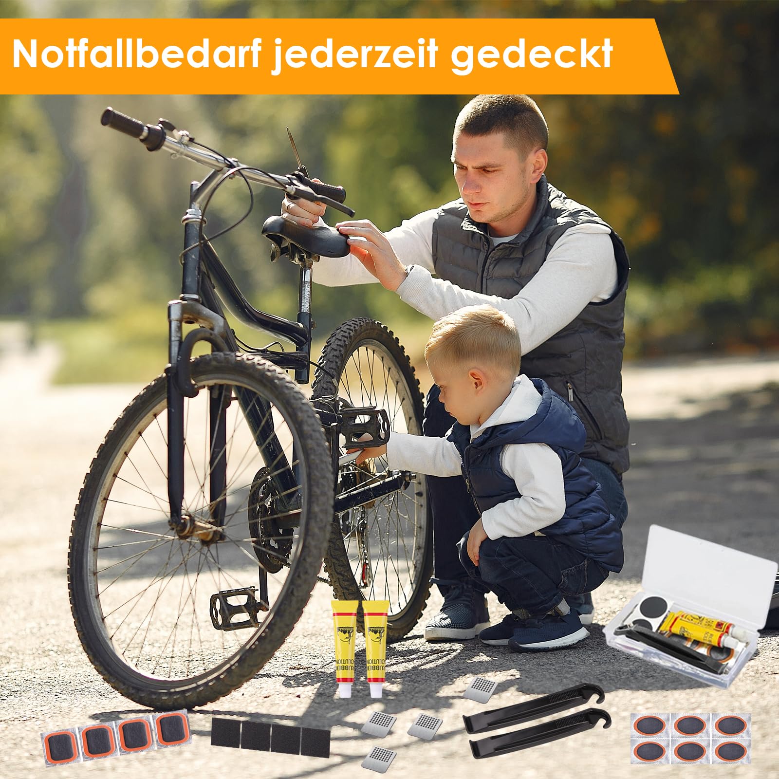Kit Riparazione Pneumatici Bici con 20 Toppe in 3 Misure, 2 Colla, 2 Levagomme, 4 Lime Metalliche, Accessori Portatile per Camera d'Aria di Bici, Moto e Scooter Elettrico