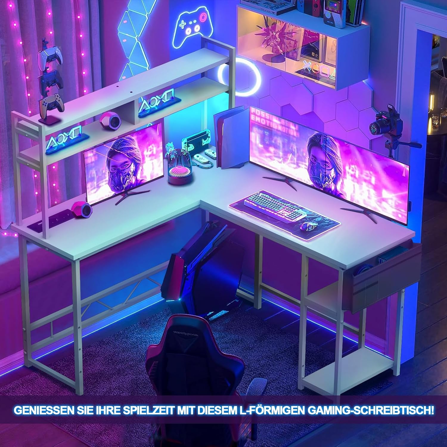 Assembled Devoko L-Shaped Gaming Desk in a room setting.