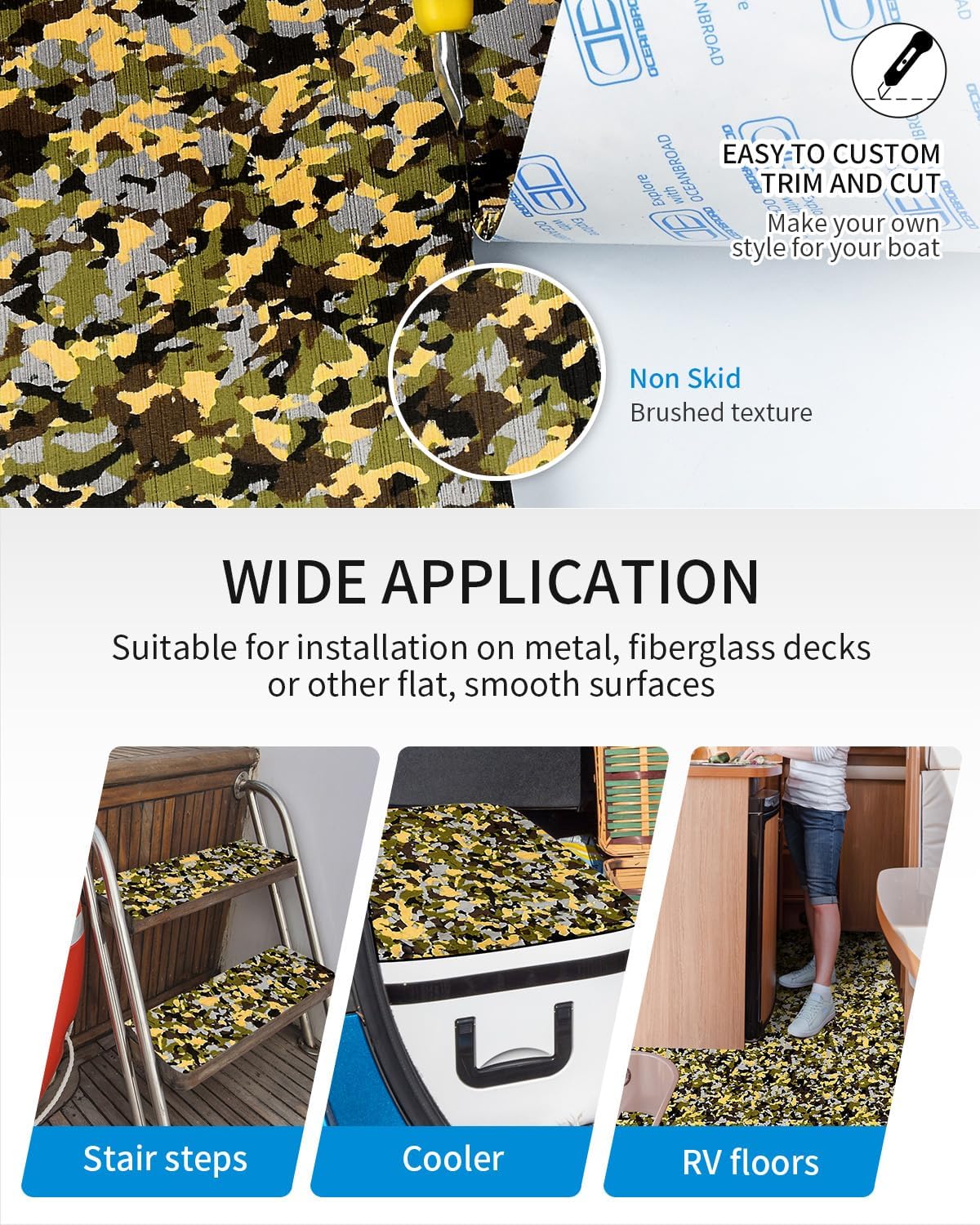 OCEANBROAD Brushed Boat Flooring 96''x16''/23.5''/38''/47'' Self-Adhesive EVA Foam Sheet Non-Slip Traction Pad for Boats Surfboard SUP Paddle Board Kayak Yacht, Camel Brown/Dark Gray/Gray/Camo