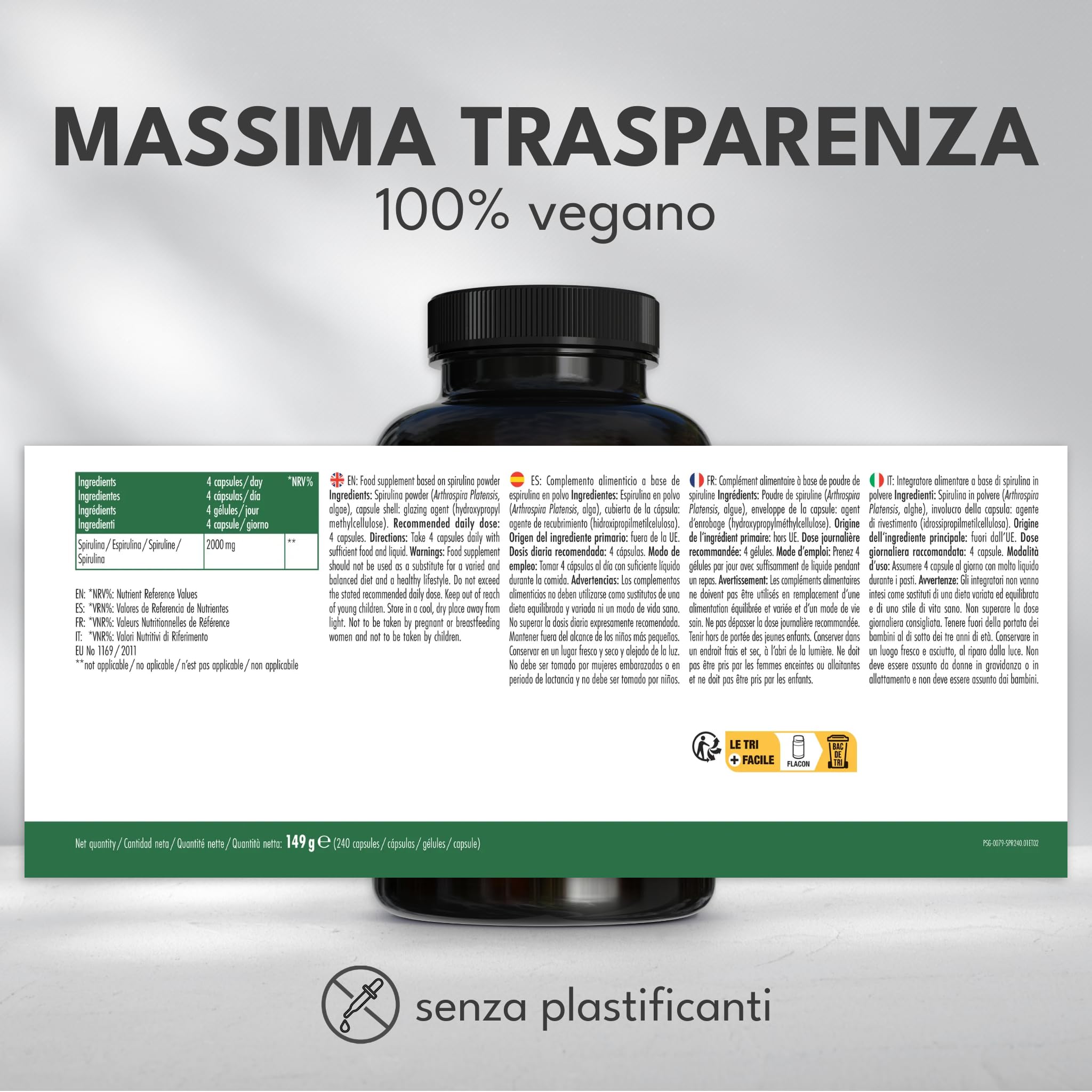 Green Naturals® Spirulina capsule 2.000 mg per dose giornaliera – 240 capsule (scorta per 2 mesi) – polvere pura di Arthrospira platensis – vegano, senza additivi – prodotta in Germania