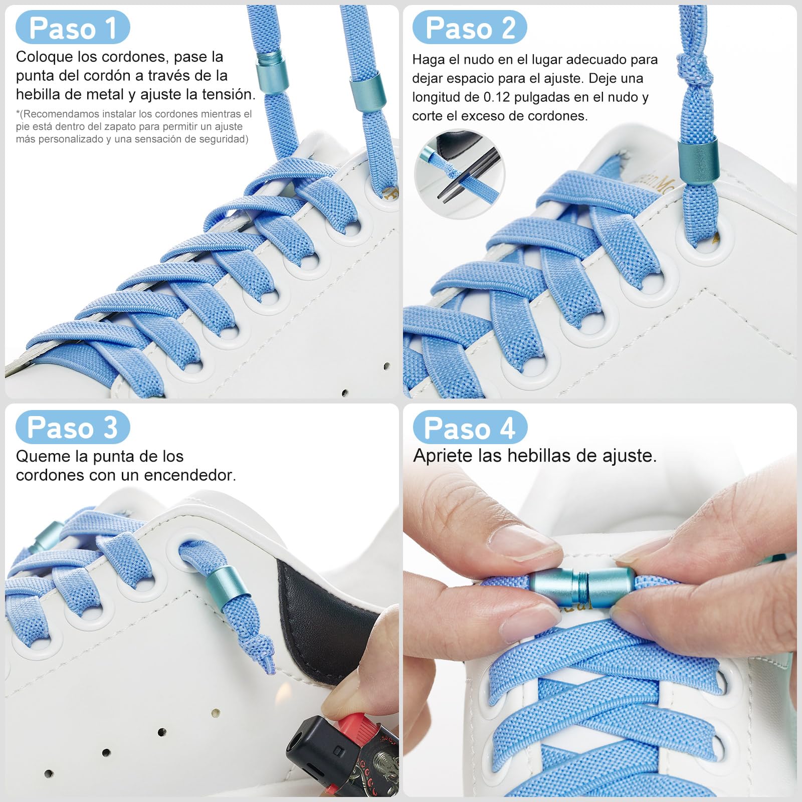 Cordones Elásticos sin Nudo con Hebilla Metal - 2 Pares Planos para Niños y Adultos