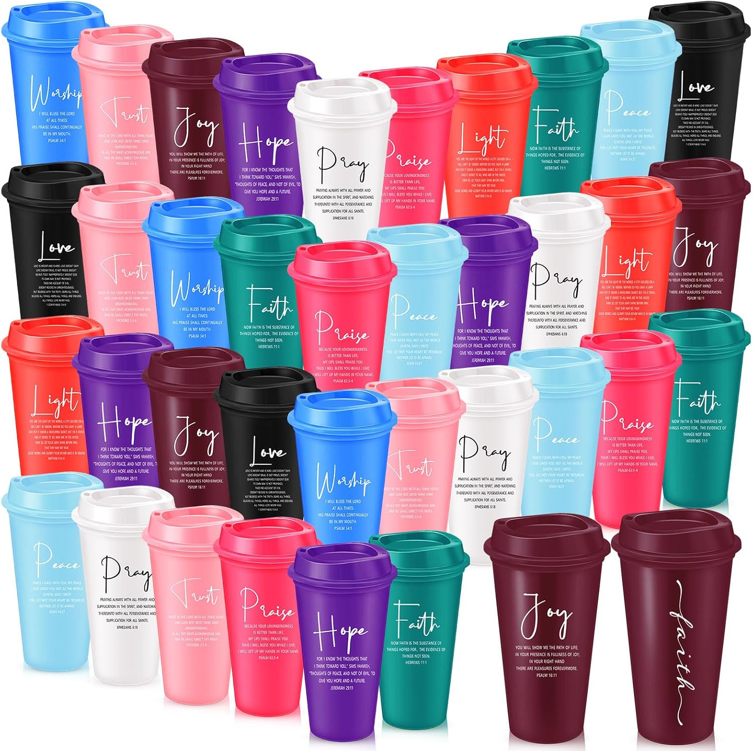 LemonRoad 40 Pcs Christian Gifts for Women Men 16 oz Christian Plastic Coffee Cups with Lids Double Sided Scripture Bible Verse Religious Tumblers Mugs for Church Appreciation Gifts(Macaron Color)