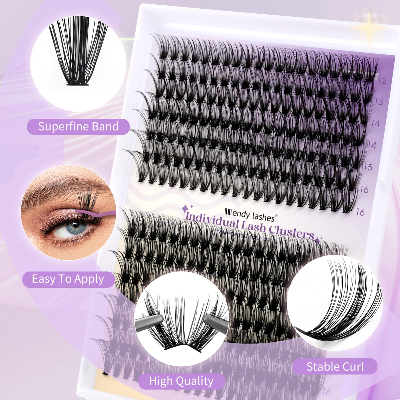 WENDY LASHES Wimpern Extensions Kit FD18+B, Cluster Wimpern D Curl 12–16mm | Lashes Extension Set mit Wimpernkleber und Sealer Lash Remover und Pinzette, für Anfänger Mädchen und Frauen