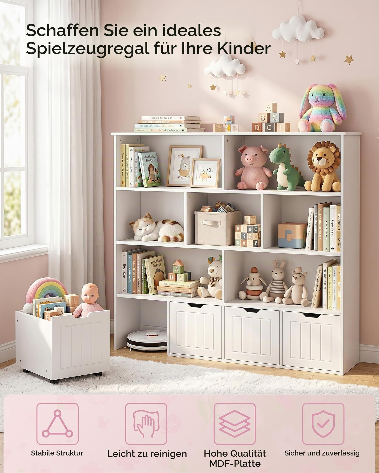 Kinderregal mit Boxen, Kinder Bücherregal, Aufbewahrungsbox Kinder, Kinderregal Spielzeugregal, Regal Kinderzimmer Aufbewahrung, Spielzeug Aufbewahrung Regal mit 7 offenen Bereichen