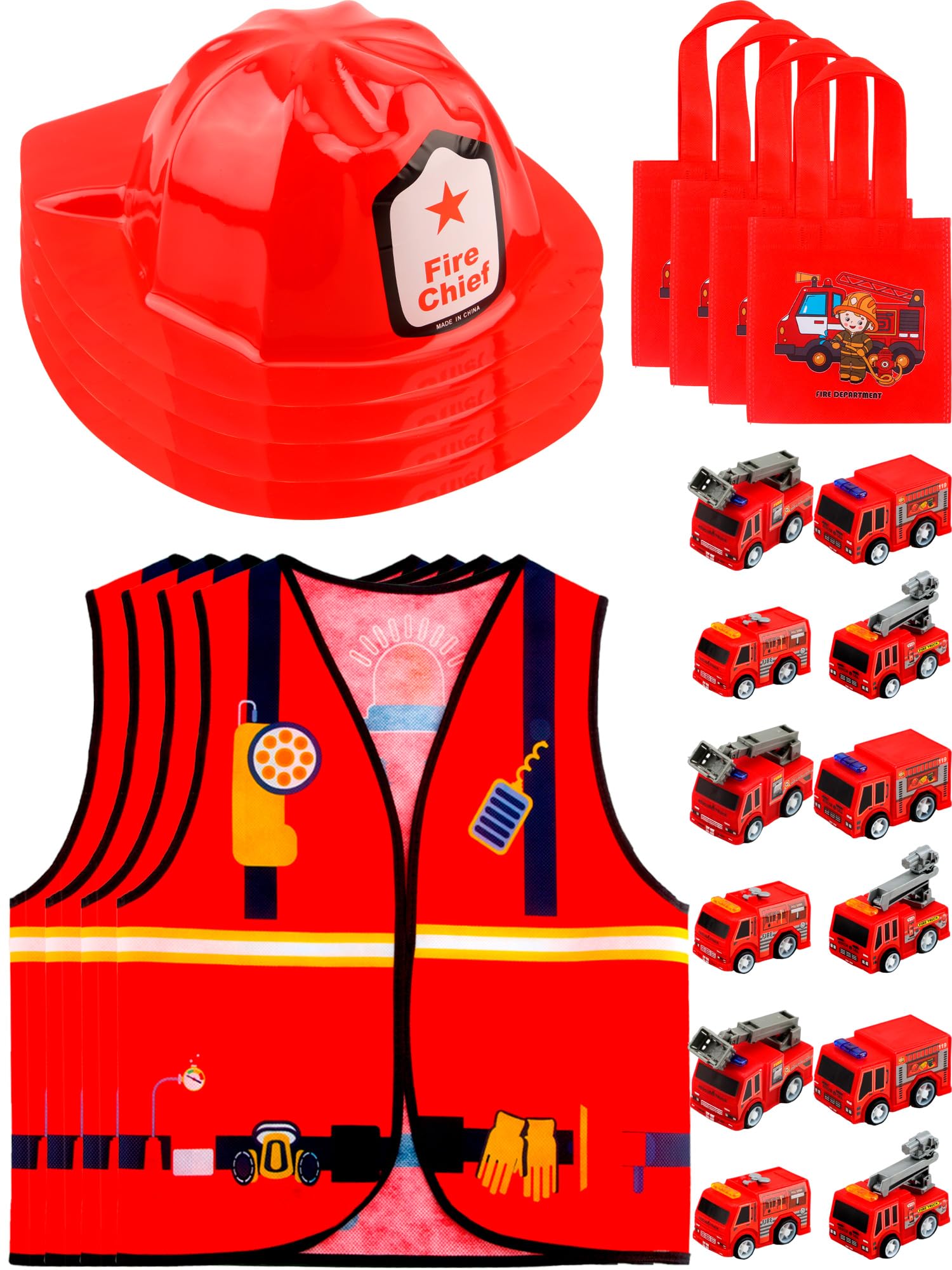 24 Pcs Kids Firefighter Costume Set Fireman Dress Up Vest Clothing With Mini Pullback Firetruck Toy for Boys Girls Birthday Halloween Party Favors