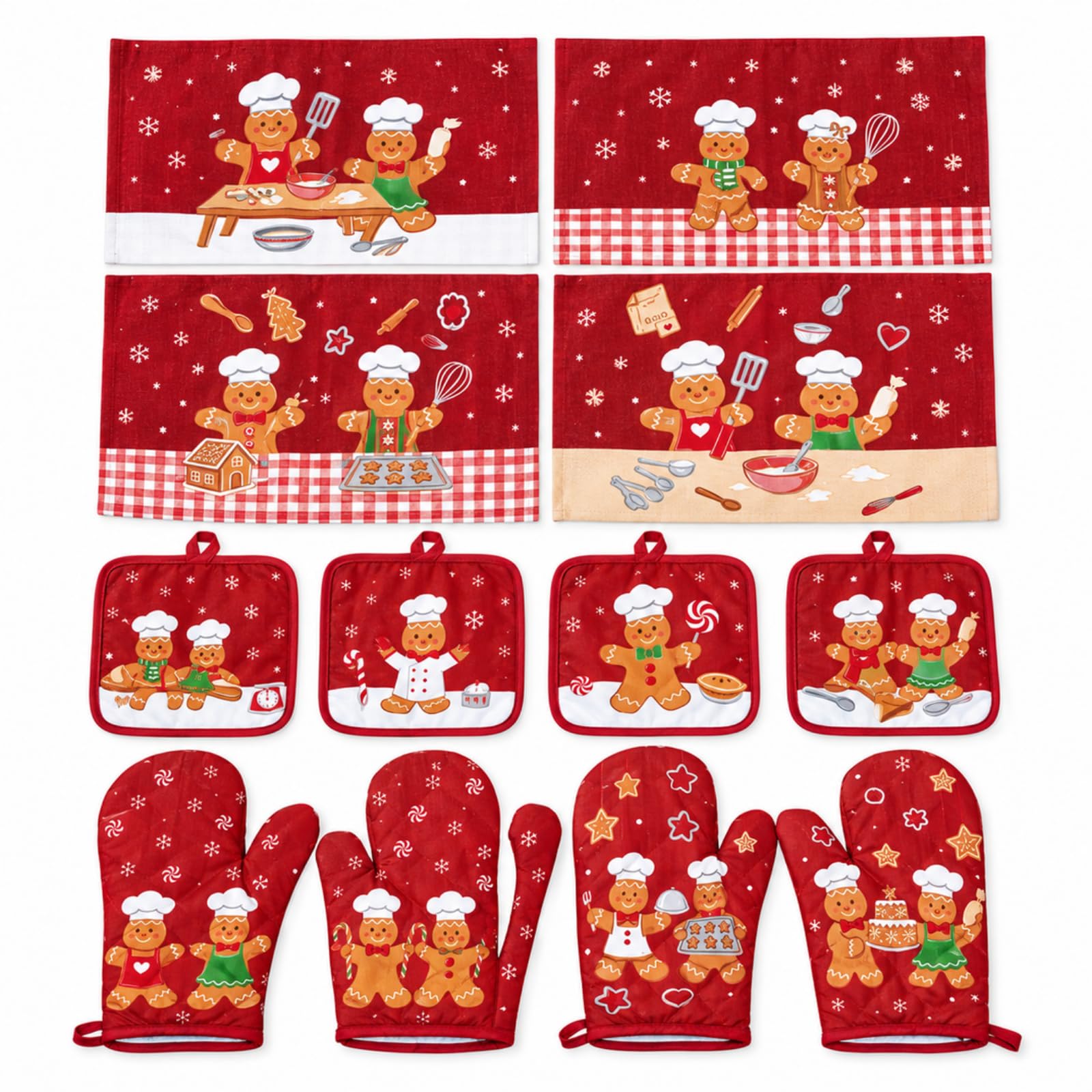 4 set/12 asciugamani natalizi di pan di zenzero con guanti da forno e