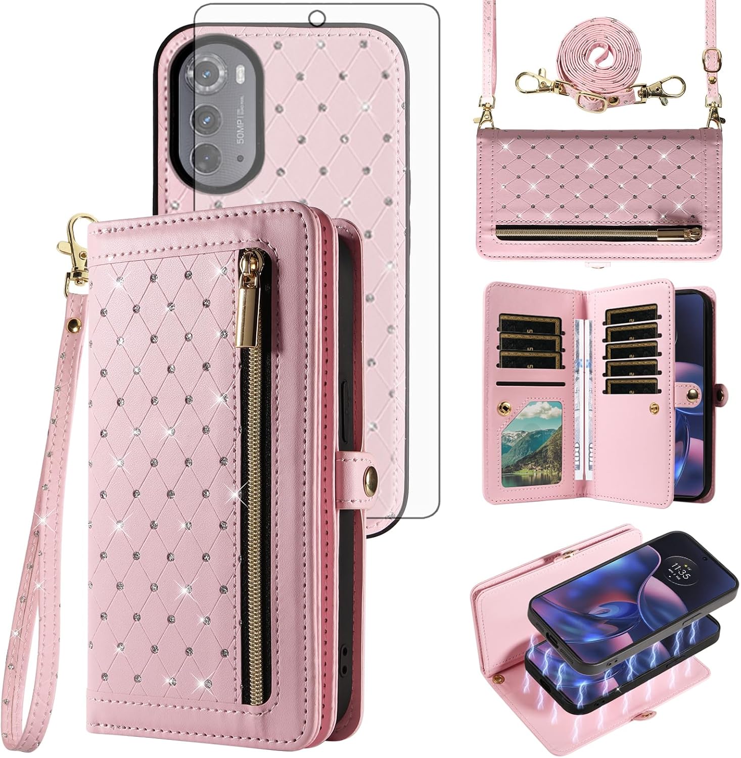 Phone Case for Motorola Moto Edge 2022/MotoEdge 5G UW 2022 Zipper Wallet Detachable Cell Cover with Screen Protector Crossbody Strap Bling Flip Credit Card Holder Gen 3 XT2205-1 XT2205-2 Women White