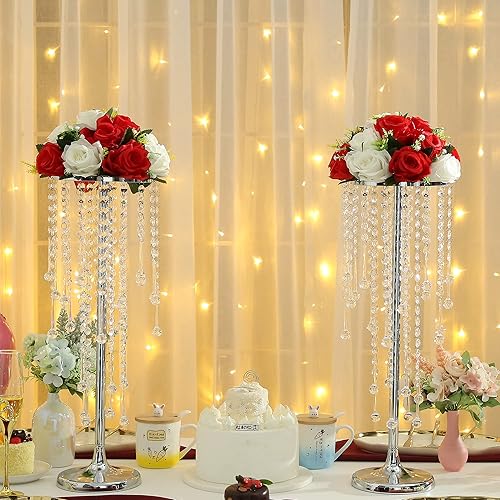 Miniatura 3 de Soporte central de boda de 21.6 pulgadas, jarrón de metal plateado con cristal de 2 piezas encantador portavelas para mesas de recepción, decoración