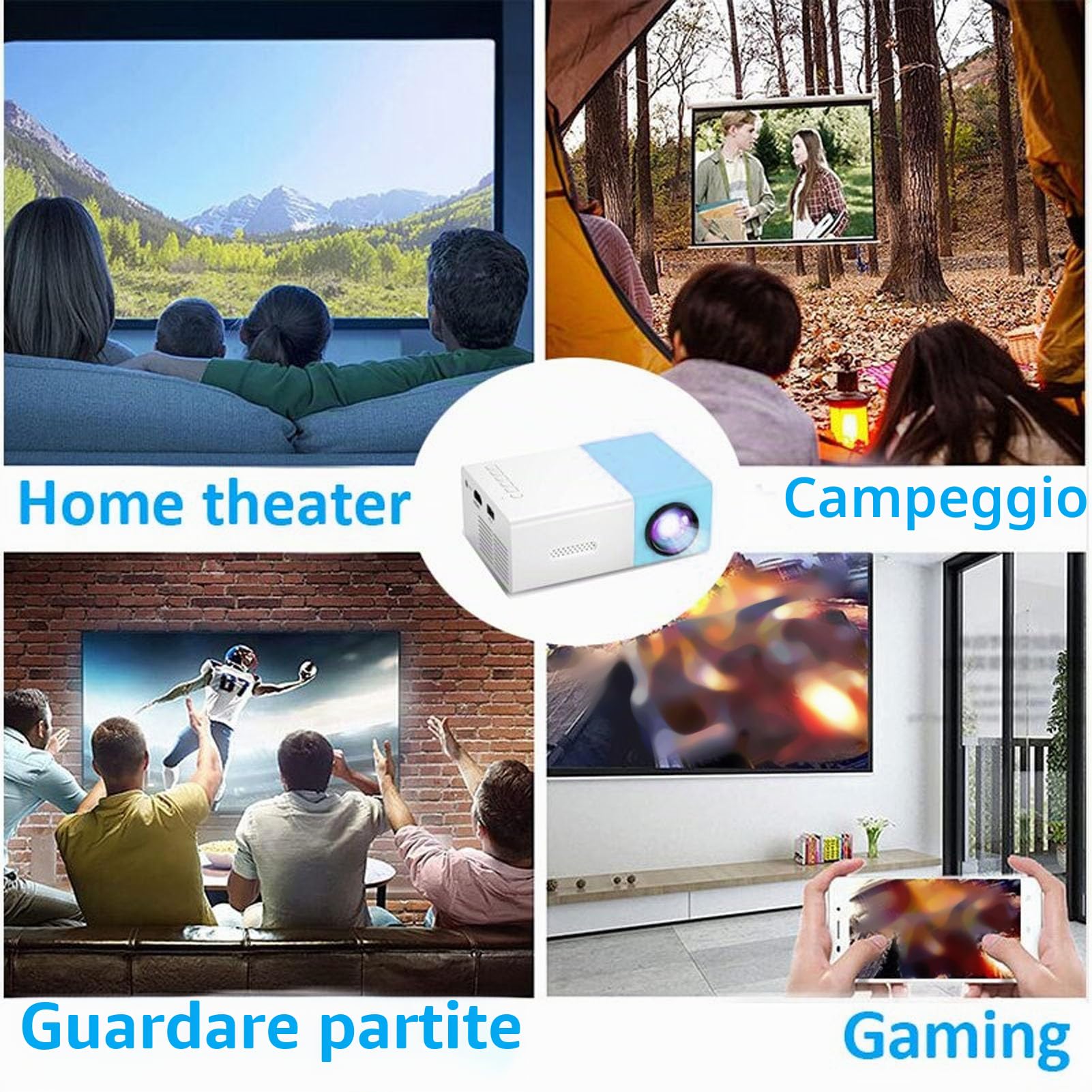 Mini Proiettore, Videoproiettore Portatile da Esterno 1080P Full HD, Proiettore di Film Home Theater per Campeggio Itinerante nel Patio Esterno (Spina europea)