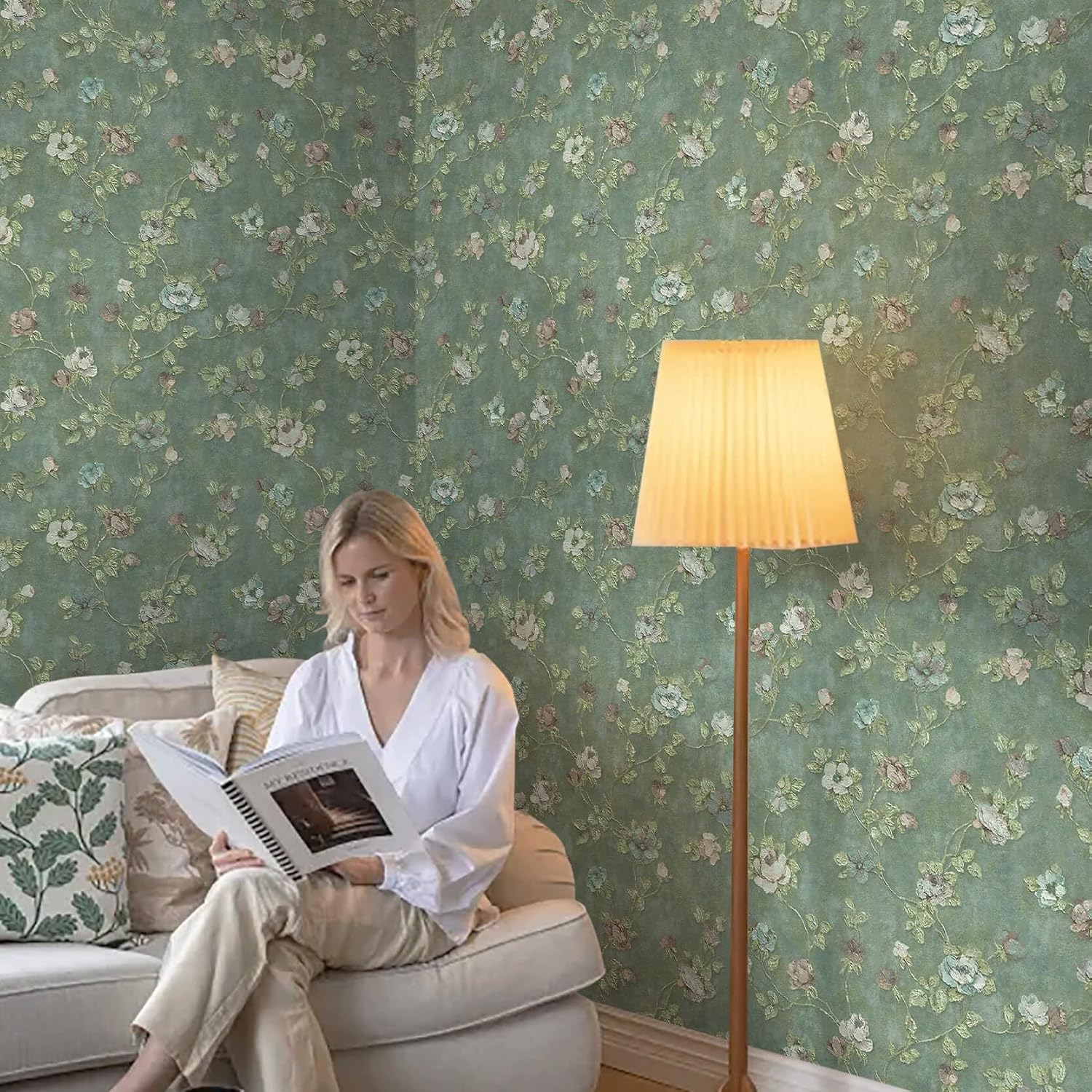 Heroad Floral Wallpaper Peel and Stick Green Vintage Wallpaper Pink Floral Contact Paper Relief Texture Smooth Surface Wall Paper for Bedroom Cabinets Decoration Thicken Vinyl 17.3” x 78.7”