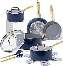 Navy Blue Pots and Pans Set Nonstick - 15 Piece Luxe Gold Pots and Pans Set - Induction Compatible, 100% PFOA Free Nonstick Frying Pans, Sauce Pans, Pot with Strainer Lid, Gold Kitchen Utensils