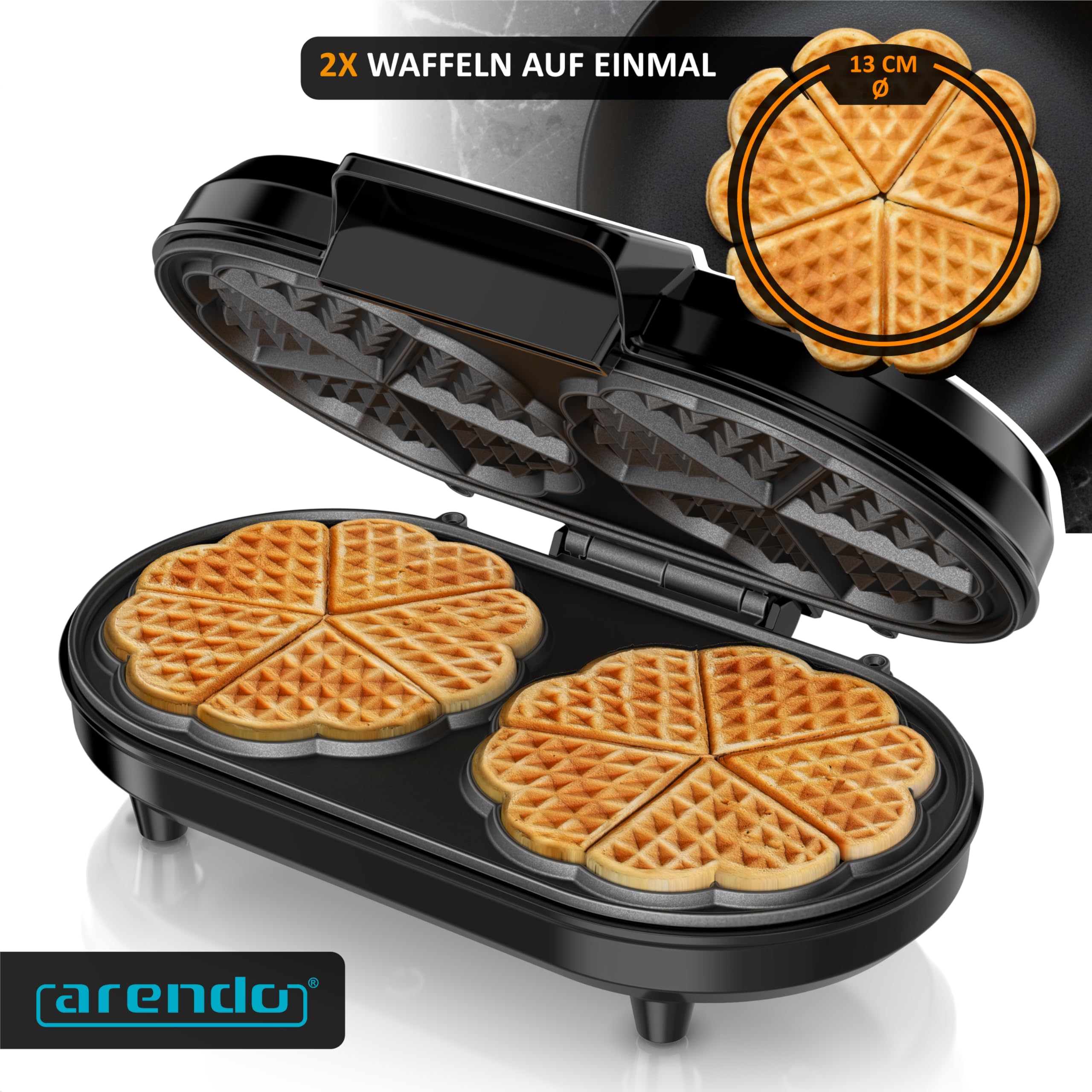 Arendo - Waffeleisen doppelt - Herzform – 1000 Watt – Waffel Maker – antihaftbeschichtet – Herzwaffeln – Temperaturregler - Waffelbackgerät