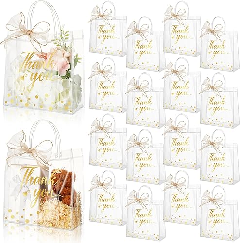 Fulmoon 50 bolsas transparentes de PVC con asa de agradecimiento de 7.8 x 7.8 x 3.1 pulgadas, bolsa de regalo reutilizable, bolsa de compras de