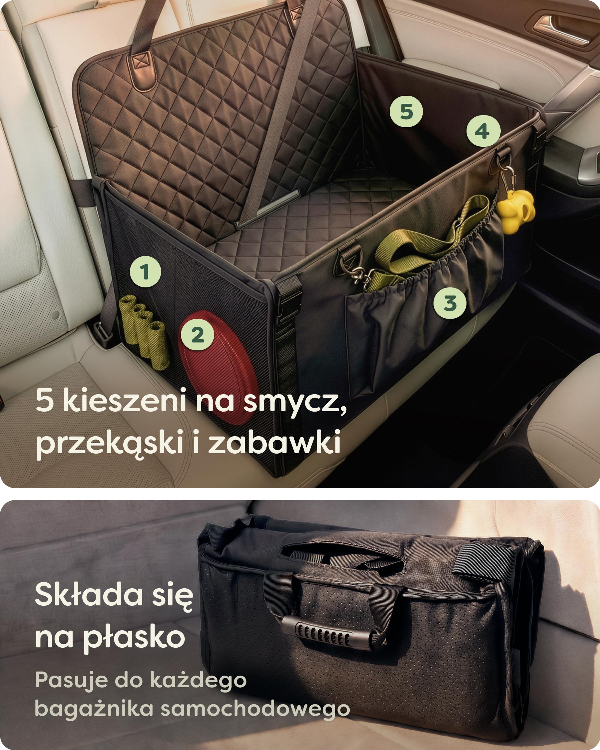 Knupis Wyjątkowo Stabilny Fotelik Samochodowy dla Dużego Psa – Wodoodporny i Odporny na Zarysowania z 5 Kieszeniami – 4 Pasy Mocujące i Przypinana Smycz – Wzmocnione Ścianki z Antypoślizgowym Spodem | Z 5 kieszeniami – 4 pasy mocujące i smycz – wzmocnione