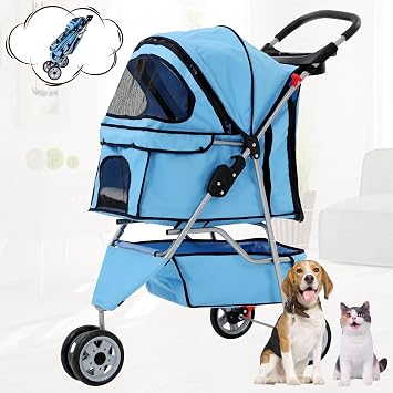 BLKMTY Folding Dog Stroller, 3 Wheels Pet Stroller, Foldable Cat Strollers Waterproof Travel Carrier Strolling Cart for Puppy Jogger with Cup Holder & Storage Basket, Blue