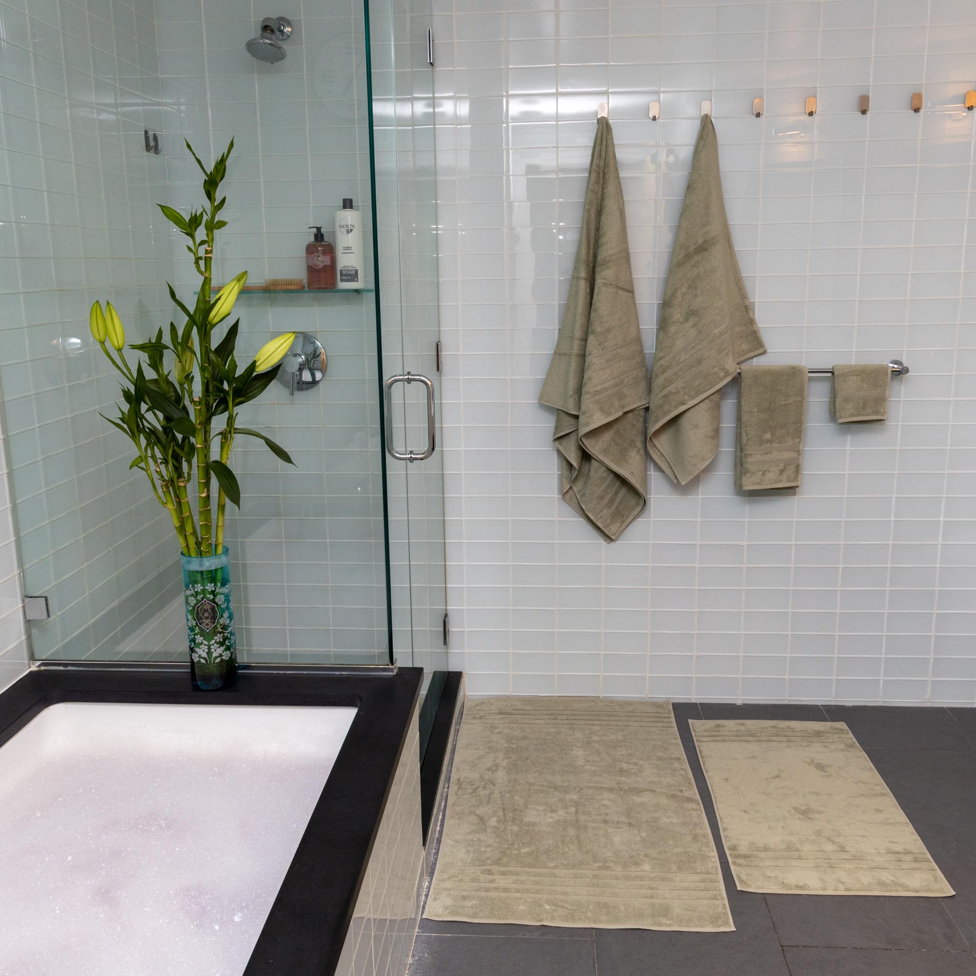 MOSOBAM Set di 12 asciugamani in bambù di lusso, 700 g/m², in cotone pettinato turco dell'Egeo, colore: verde alga marina