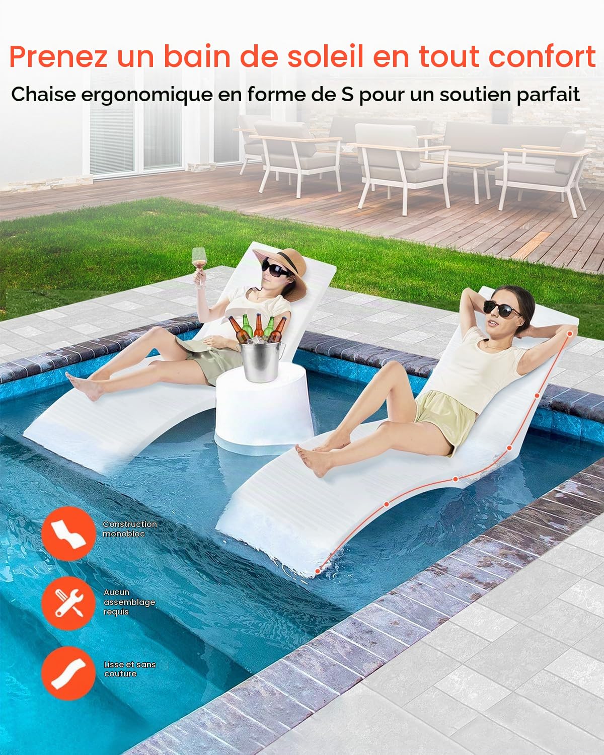VEVOR Bain de Soleil, Lot de 2, Chaise Longue pour Profondeurs d'eau jusqu'à 12,7 cm, transat fixées dans Les piscines et flottantes sur l'eau, pour Bronzage au Bord de la Piscine et sur la terrasse