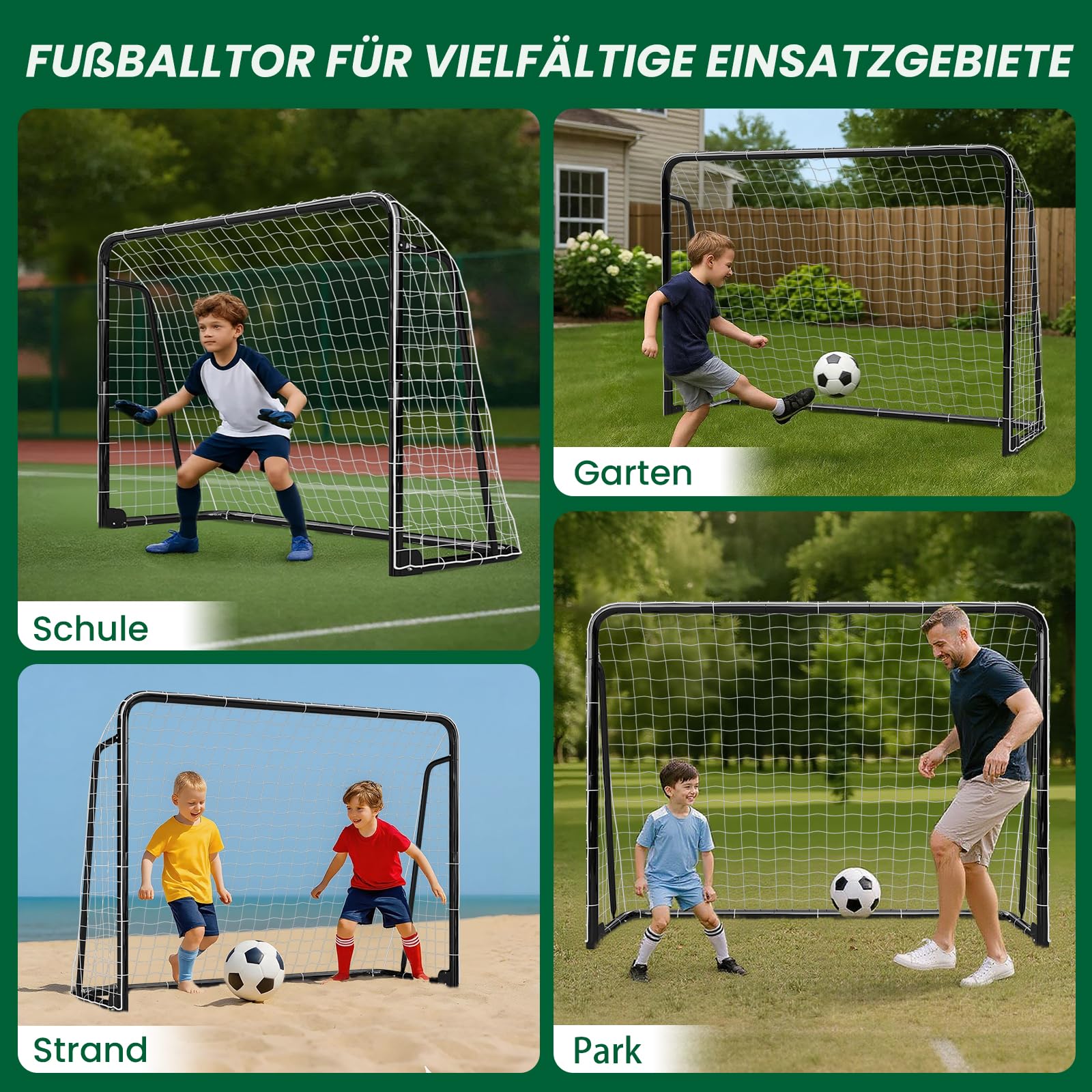 Fußballtor für Garten Kinder & Erwachsene, Robustes Fussballtor Outdoor mit Stahlrahmen, wetterfestem Netz, Erdankern, 6 Hütchen, Fußball Tor Set für Training, Schwarz