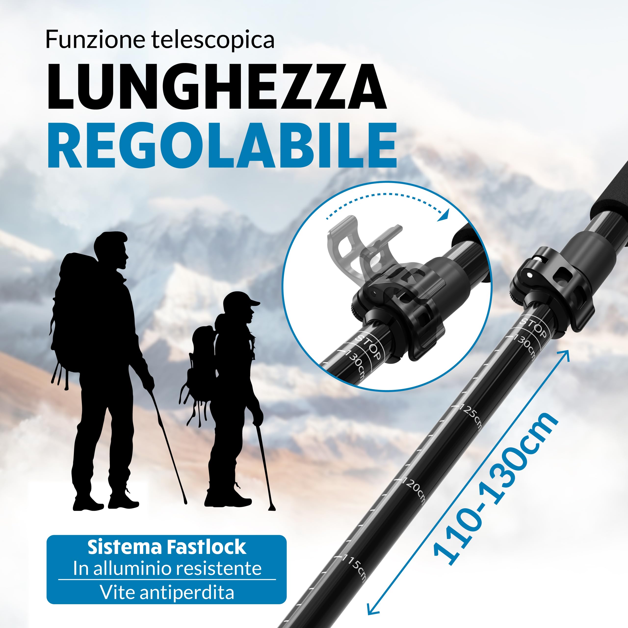 Bastoni Da Trekking Laniti In Alluminio 7075, Regolabili Da 66 A 137 Cm, Con Impugnatura In Sughero E Chiusura Rapida. Leggeri E Resistenti. - 2