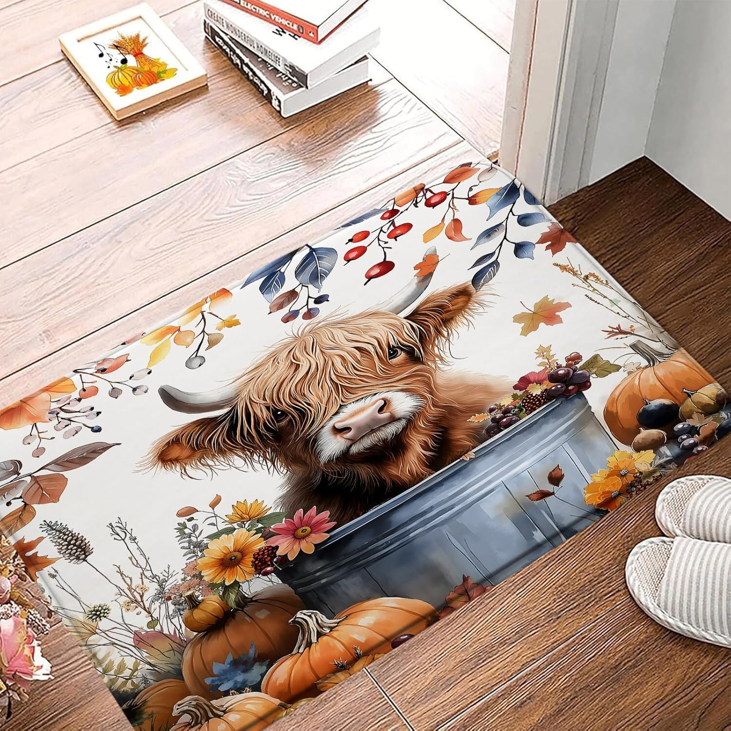 Cute Highland Cow Bath Mat Fall Thanksgiving Day Blue Orange Maple Leaves Pumpkin Rustic Farm Animal Cow Antumn Farmhouse Bathroom Decor Rug Doormat Toilet Floor Rug,24x60 Inch