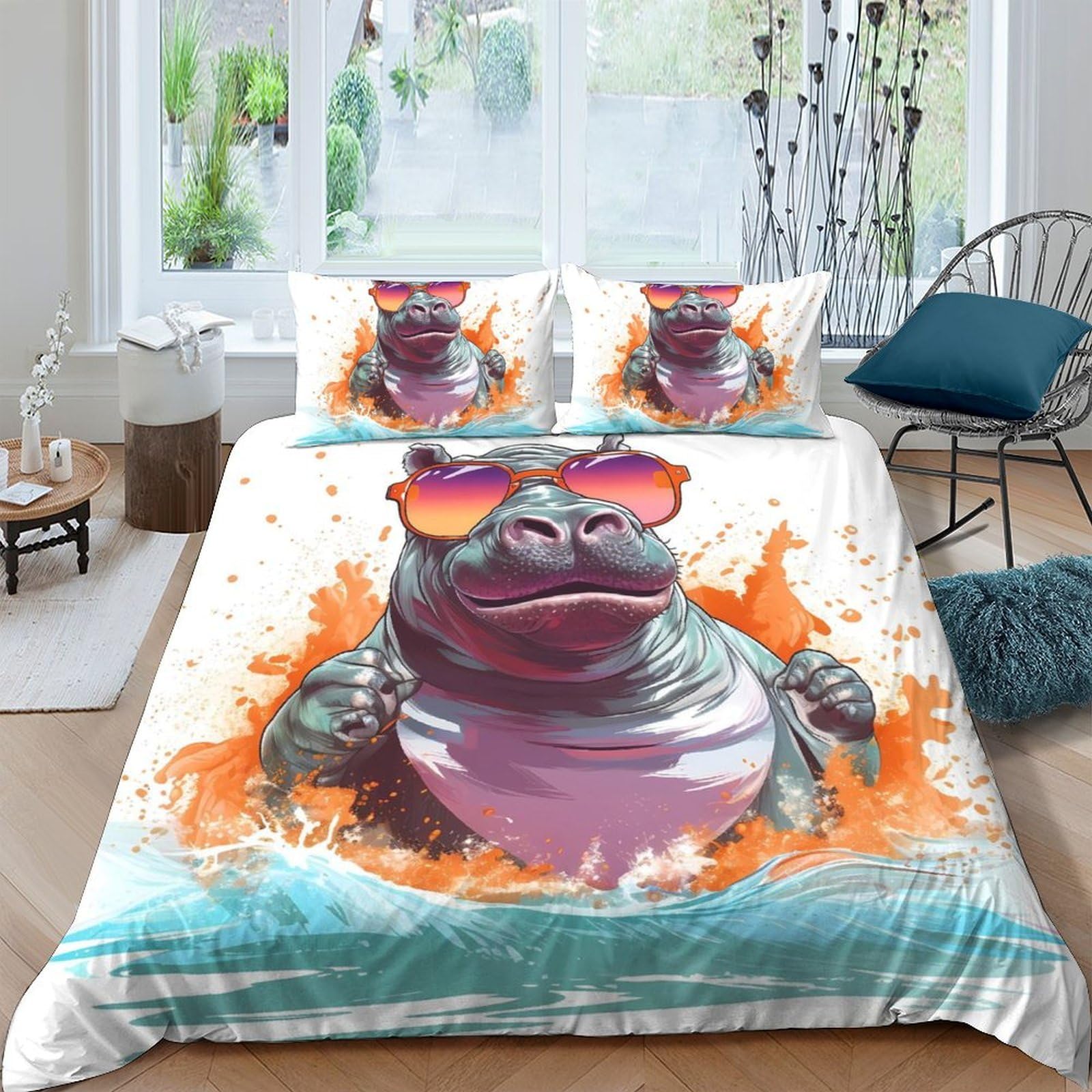 Ctjqhvkz Style-6 3D Printed Hippo Art Fitted Sheet Microfiber Orange Blue Sunglasses Mattress Cover For Bedroom Dorm Decor Single（135X200cm）