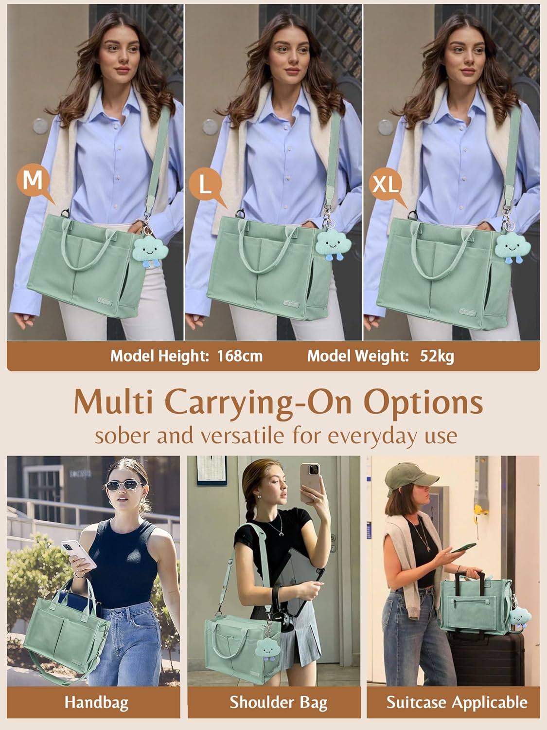 BESBESME Canvas Tote Bag for Women with Zipper & Compartments– Large Work & College Laptop Tote Crossbody Shoulder Bag - Image 2