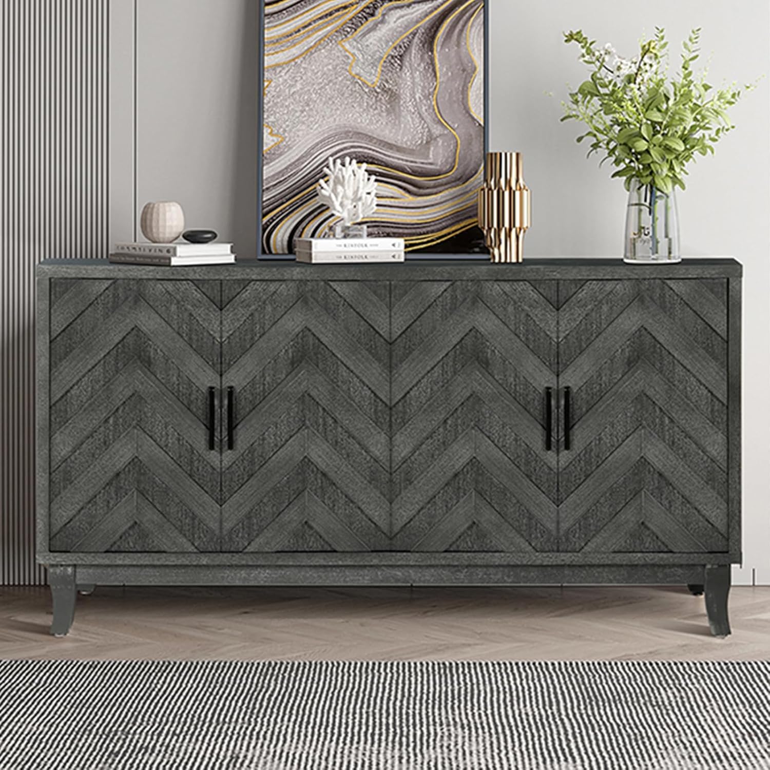 HMFULE Sideboard Storage Cabinet with 4 Doors Adjustable Shelf Freestanding Wooden Lacquer Decorative Buffet Cabinet for Living Room Kitchen(Antique Grey)