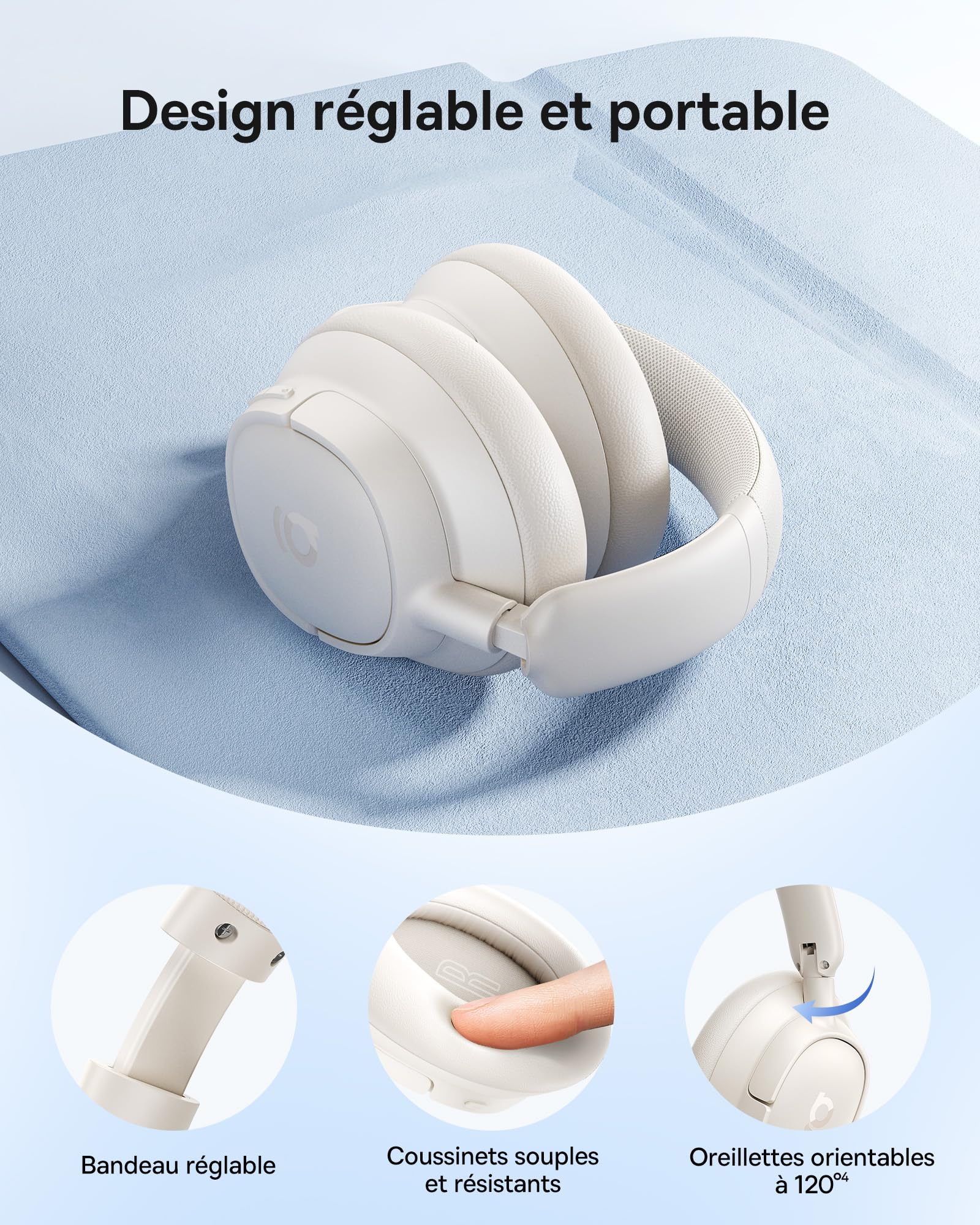 Baseus EH10 NC Casque Bluetooth avec Réduction de Bruit Hybride Active -45 DB, Casque Circum-Aural Hi-Res & Audio LDAC avec 5 Micros à IA, 80 h d’Autonomie, Bluetooth 6.0 - Blanc Lumière d’Étoile