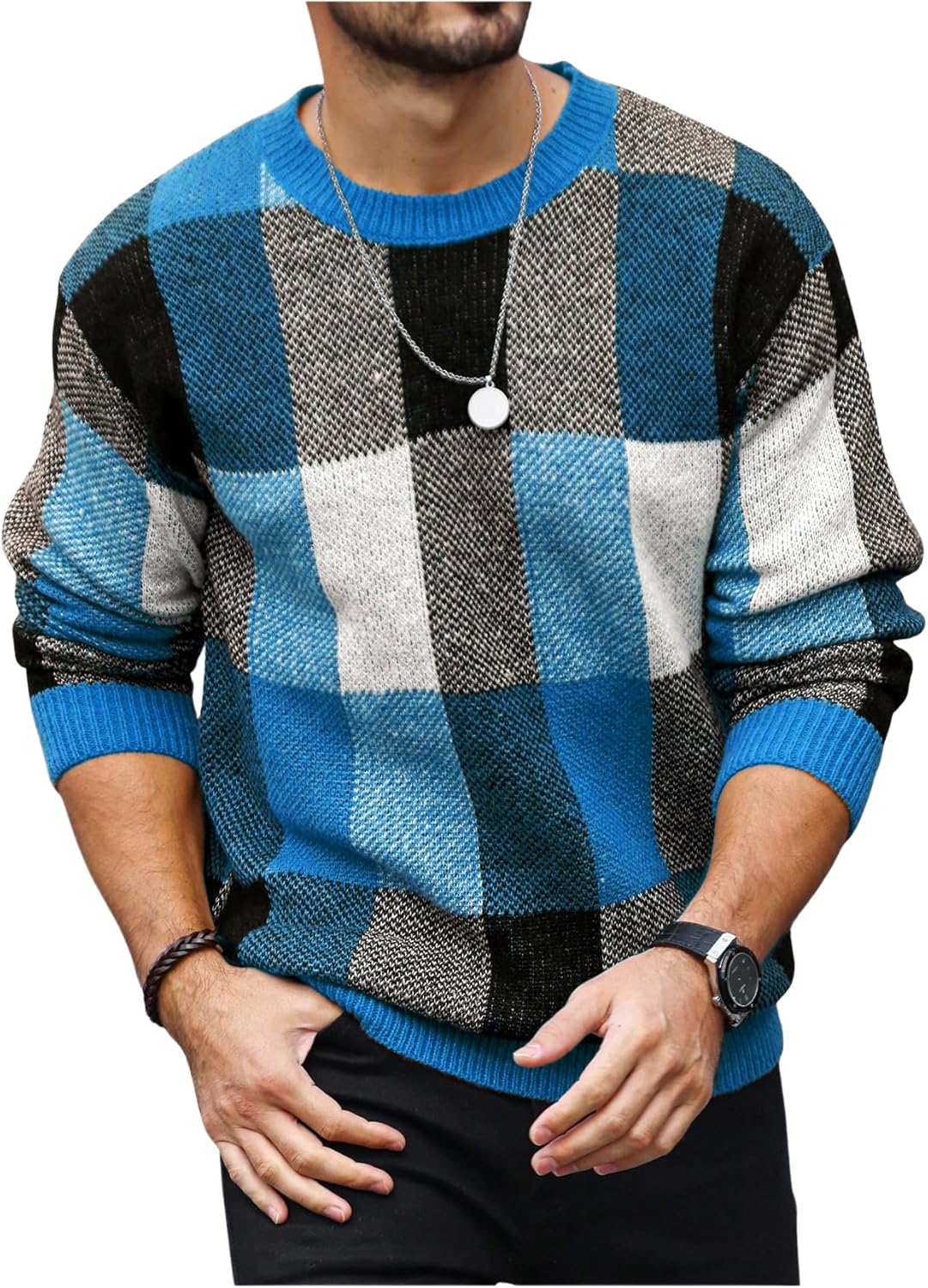 OYOANGLE Men's Color Block Plaid Print Long Sleeve Crew Neck Sweater Pullover Tops