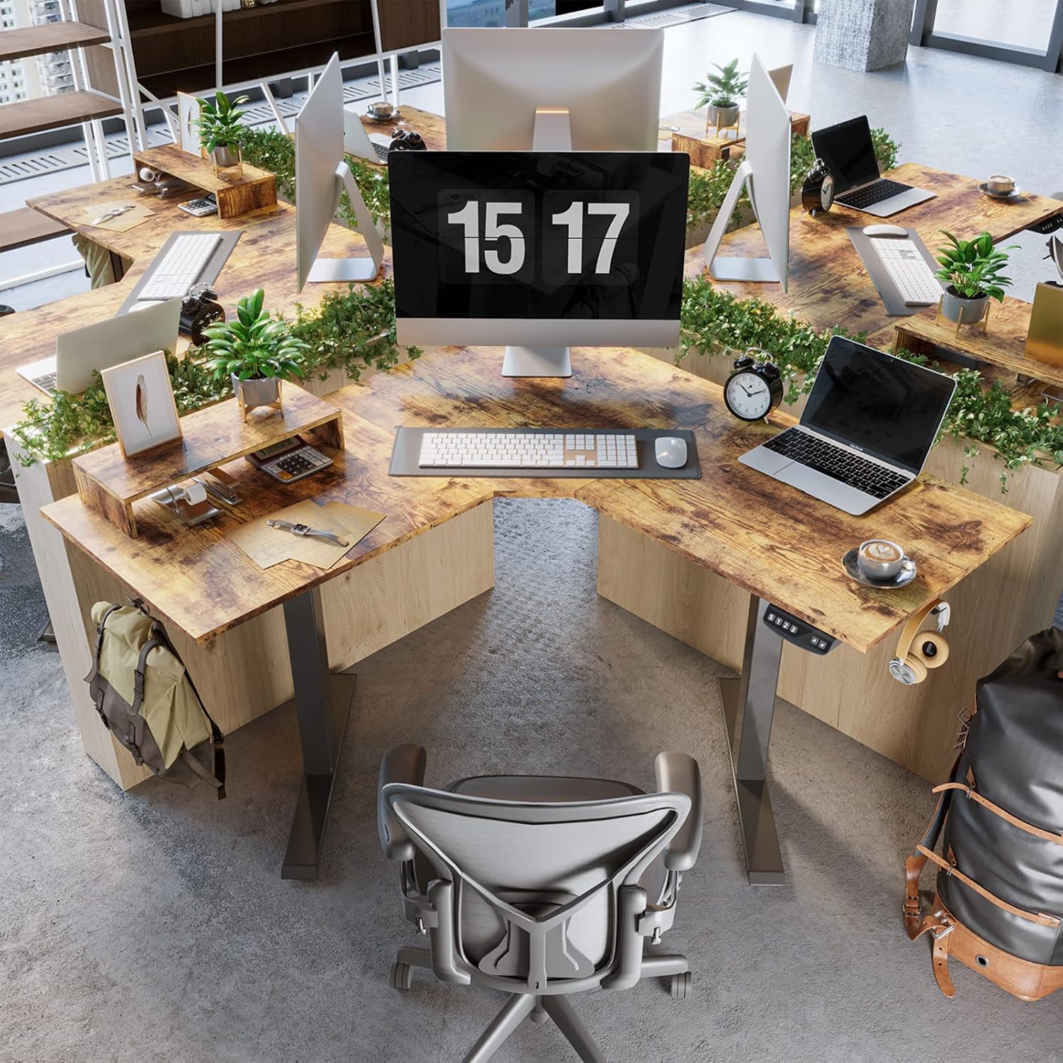 Exclusive Discount 50% Price FEZIBO Dual Motor L Shaped Electric Standing Desk, 48 Inches Stand Up Corner Desk, Home Office Sit Stand Desk with Rustic Brown Top and Black Frame