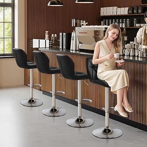 Miniatura 7 de Yaheetech Bar Stools Set of 4, Adjustable PU Leather Swivel Barstools, Modern Counter Stools with Back and Footrest, Counter Height Barstools for