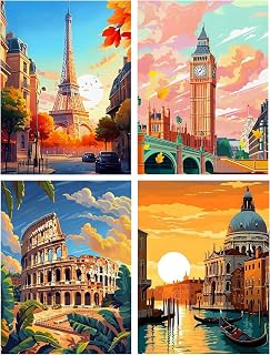 4 Pack Paint by Numbers for Adults-Painting by Numbers for Adults,Famous Landmarks Canvas Paint by Numbers,Perfect for Gifts and Home Wall Decor 12x16in