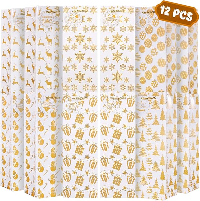 Hemoton 12 Packs Christmas Wine Bottle Bags, Gold Designs Christmas Present Wine Bags with Handle and Gift Tags, Holiday Wine Bottle Gift Bags, Ideal for Wine Lovers & Drinkers Gift