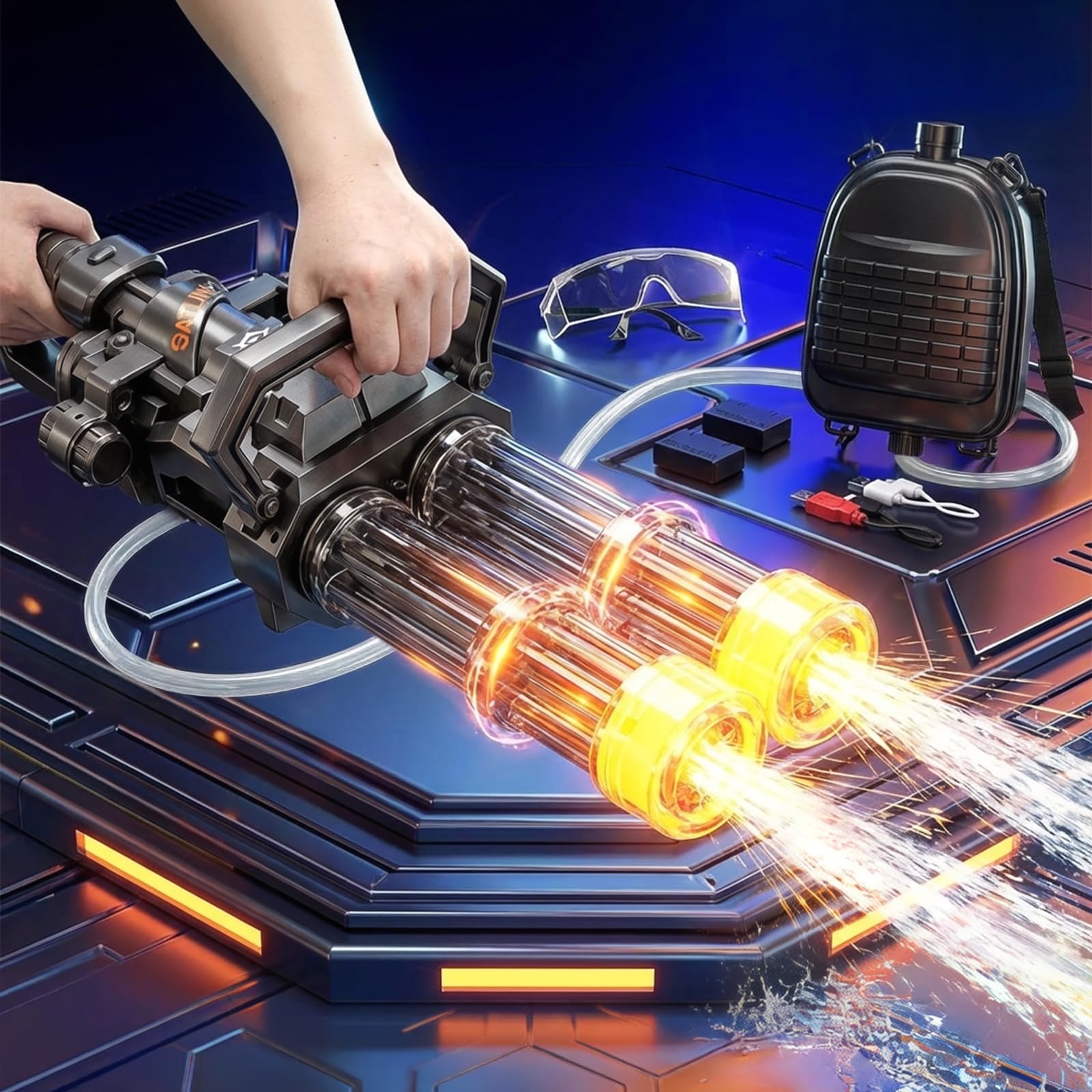 Gatling Electric Water Gun for Adults, New Double Barrel Squirt Gun with Rotating and LED Light, Long Range Automatic Water Guns with Backpack, Two Batteries, Outdoor Toys for Kids Ages 8-12