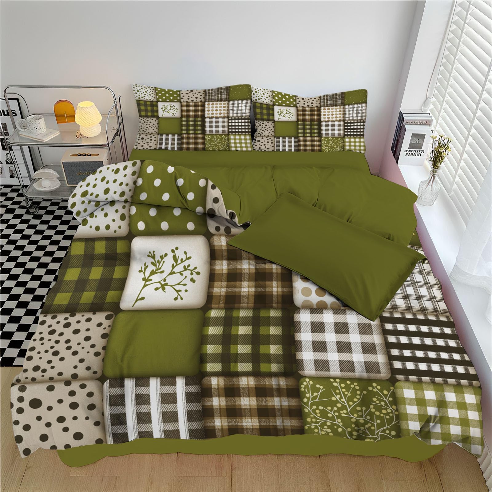 Housse de couette 200x200 vert sauge et parure de lit géométrique 2 personnes