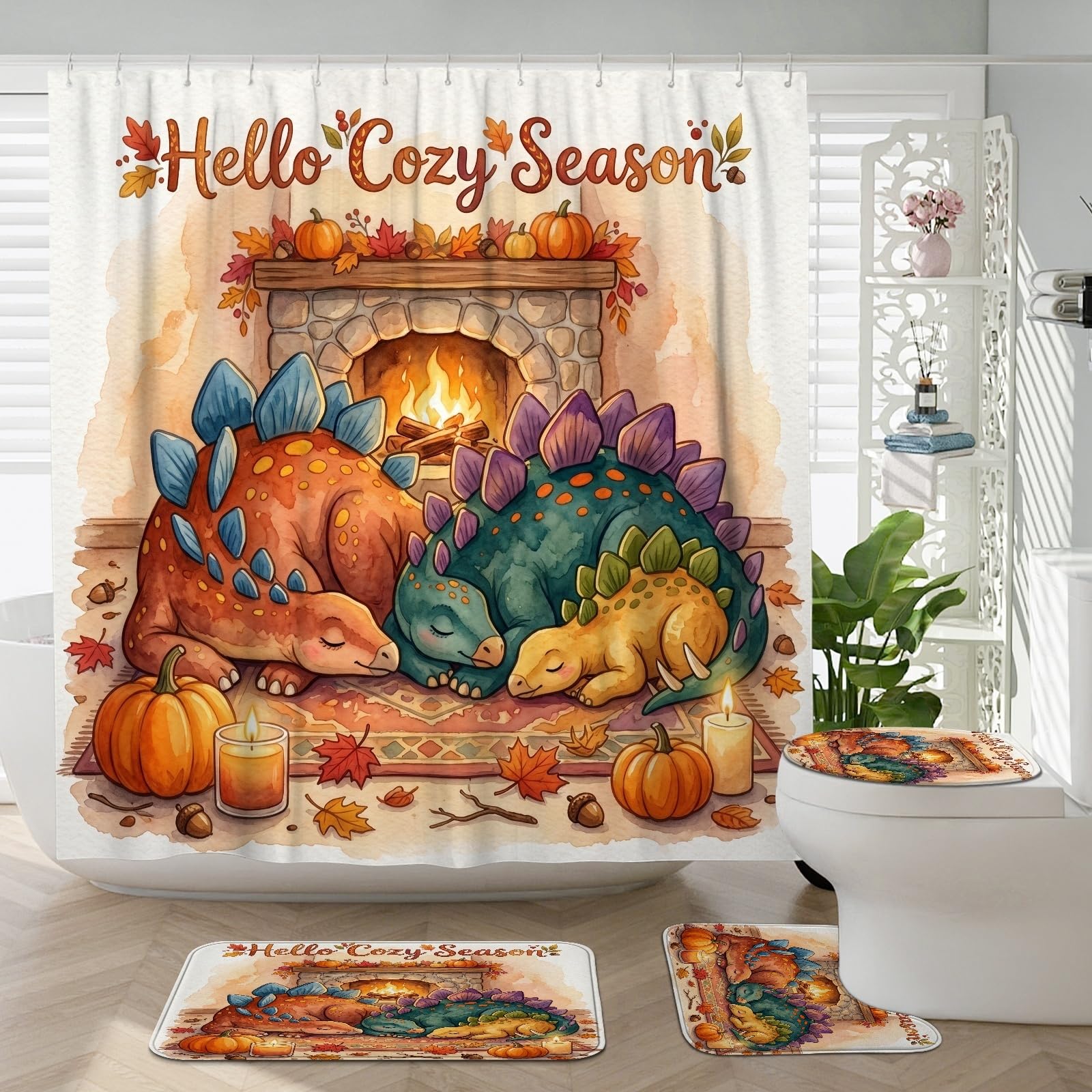 Accessoires de salle de bain stégosaure d'automne avec tapis de bain et rideau de douche imperméable
