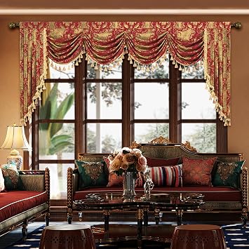Loom and Mill Luxury Waterfall Valance for Living Room, Classic Damask Jacquard Swag Valances with Tassels, Red Swag Curtains for Bedroom Windows Banquet Christmas Decor, Rod PocketW110Inch,1 Panel