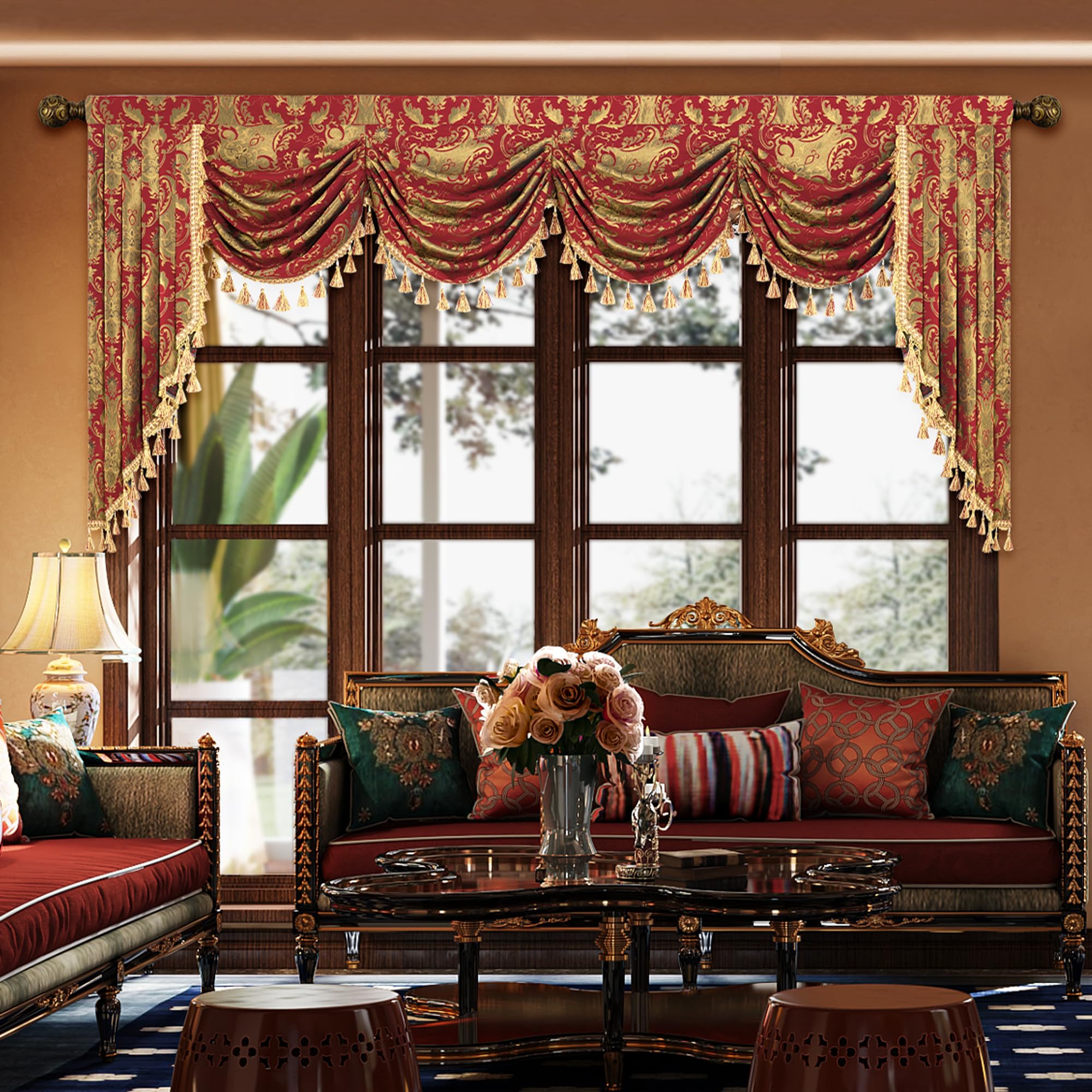 Loom and Mill Luxury Waterfall Valance for Living Room, Classic Damask Jacquard Swag Valances with Tassels, Red Swag Curtains for Bedroom Windows