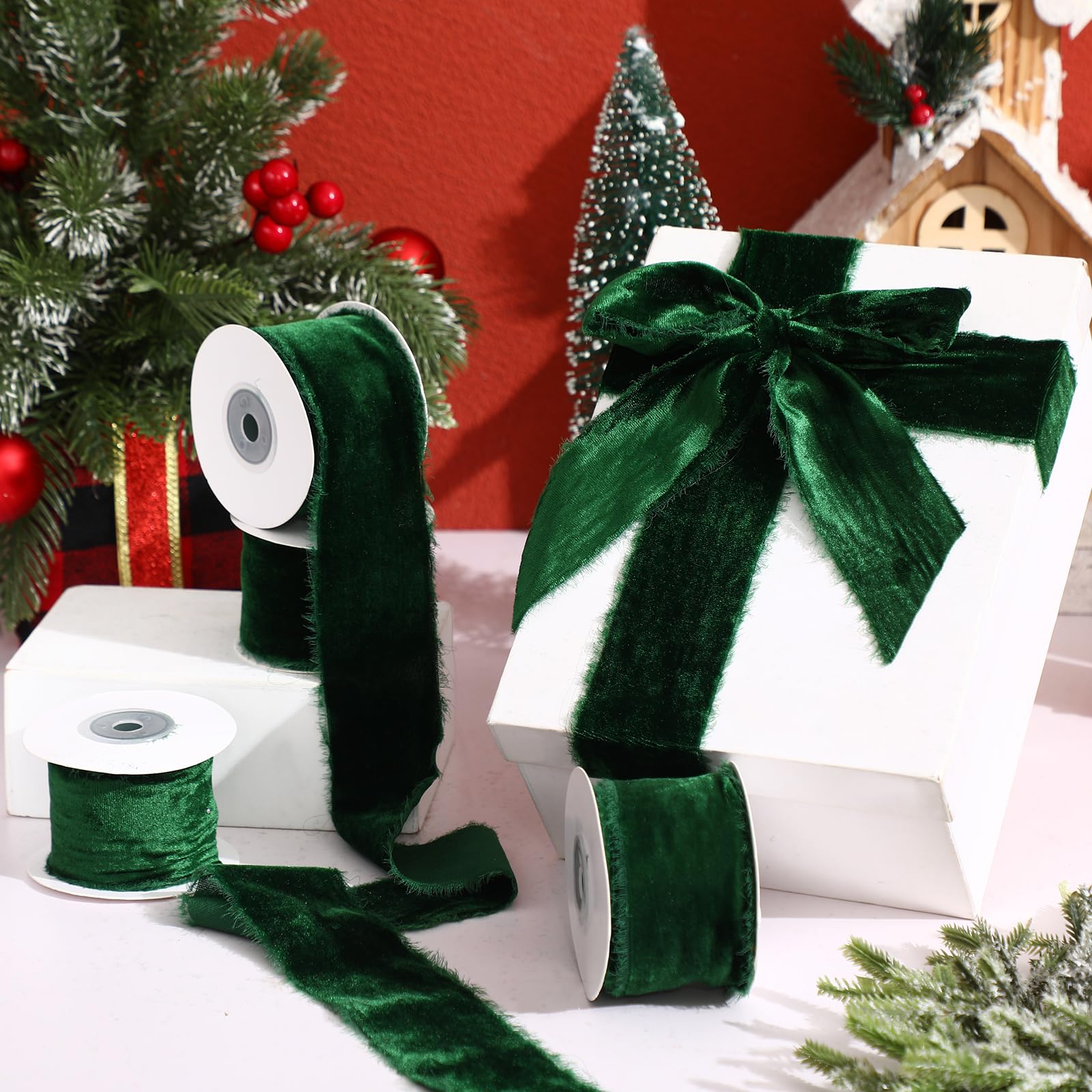 Condition photo showing New/Like New for Preboun 4 Rolls Christmas Velvet Ribbon for Gift Wrapping 24 Yards Total Frayed Edge Velvet Silk Ribbon for Christmas Wedding Baby Shower DIY Crafts Decor(Dark Green,2 Inch)