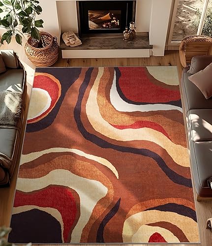 Miniatura 2 de YIHOUSE Alfombra naranja quemada lavable de 8 x 10 pies, Alfombras para Salas, alfombras retro estilo granja marrones, alfombra ondulada abstracta