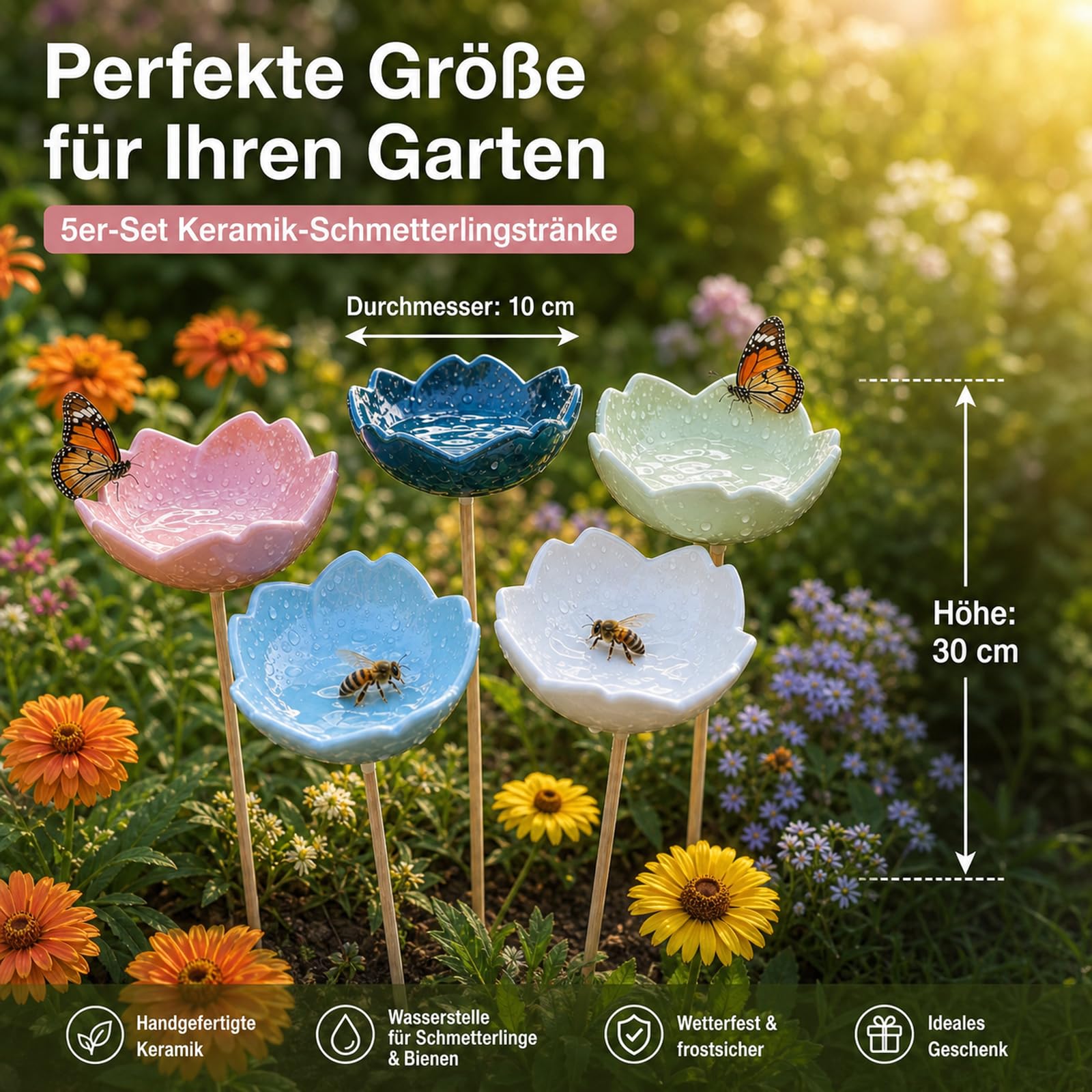 5 Stück Bienentränke Keramik, Insektentränke, Bienentränke für Den Garten, Bienenbar Wassertränke Mit Stecker Kreative Blüte Gartenstecker Geschenk Futternapf für Honig, Spenders (5 Stück)