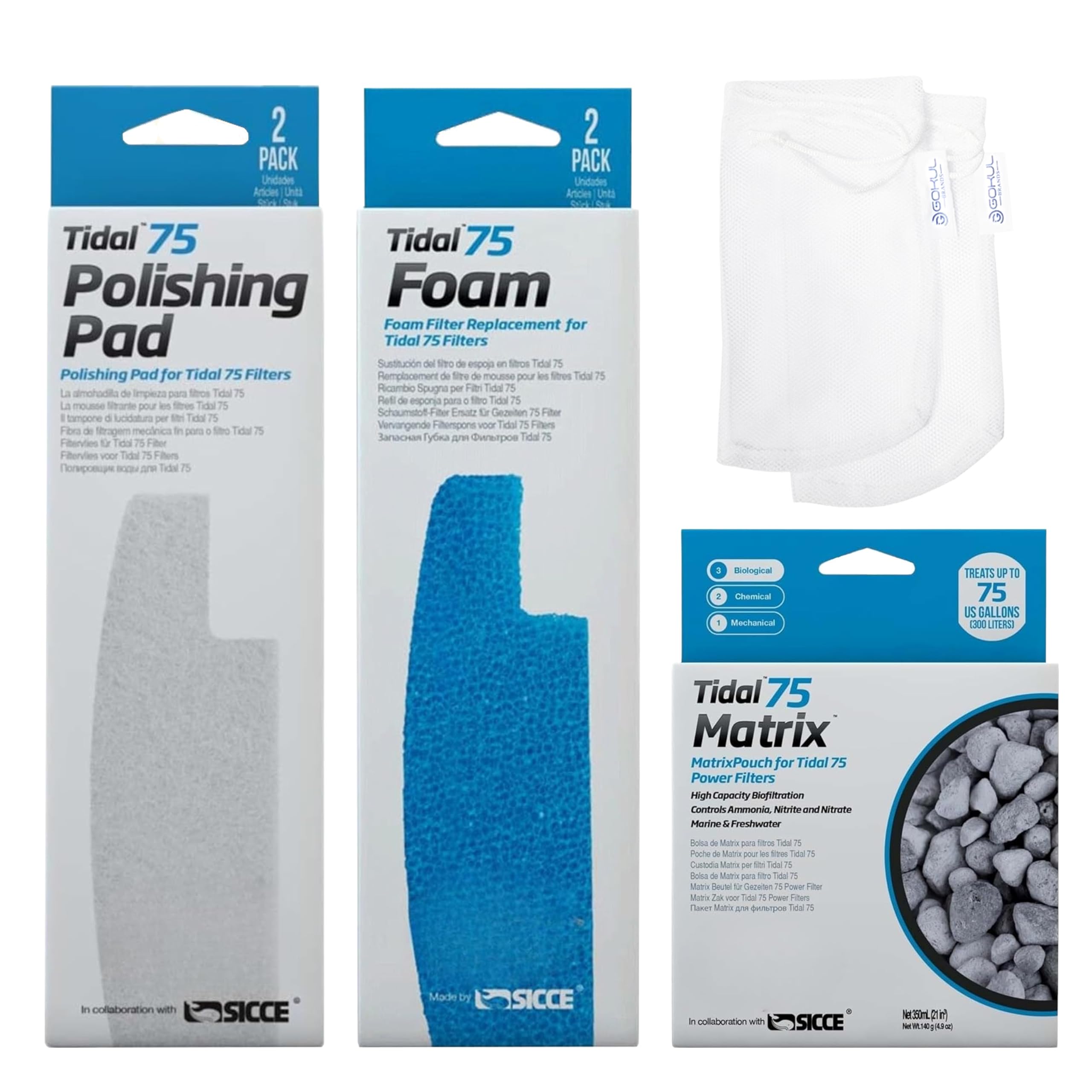 Tidal 75 Filter Maintenance and Replacement Filter Media Kit, Including Gokul Brands Aquarium Filter Media Bags (Tidal 75 Polishing Pads, Foam Filter Sponge, Matrix Bio Media)