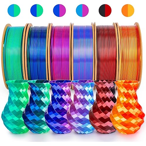 Silk PLA+ 3D Printing Filament Dual Color 6 Packs - dikale 1.75mm, 250g x 6 Spools Bundle, Gold&Red, Black&Red, Rose Red&Sky Blue, Rose Red&Dark Blue, Dark Blue&Green, Sky Blue&Green