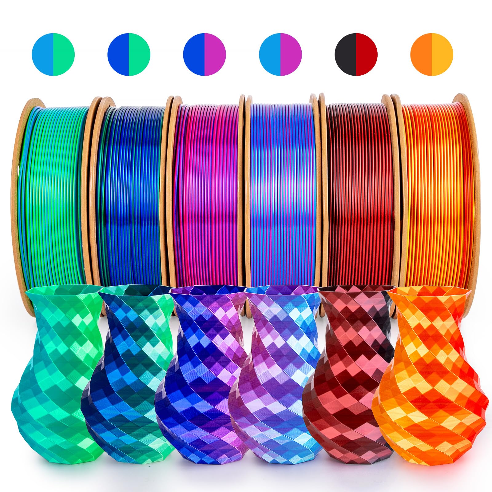 Silk PLA+ Filamento de impresión 3D bicolor paquete de 6 unidades - 1,75 mm, 250 g x 6 bobinas, color dorado y rojo, rojo rosado y azul cielo, rosa rojo y azul oscuro, azul oscuro y verde, azul