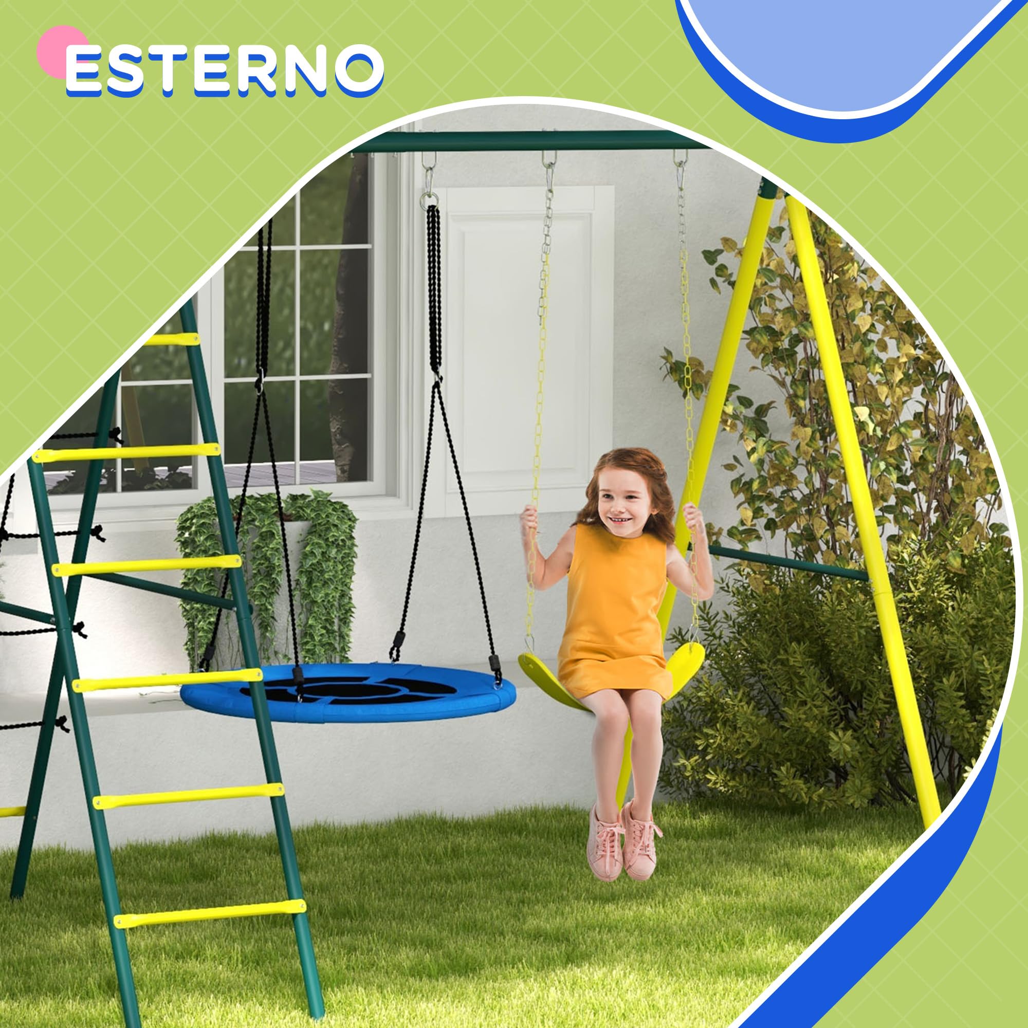 Outsunny Set Altalene da Giardino per Bambini con Scaletta, Giochi da Esterno per Bambini 3-8 Anni con Altalena Rotonda e Classica, Scale e Canestro