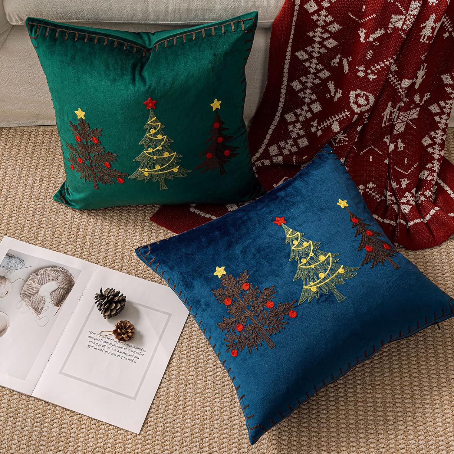 HOSTECCO Christmas Throw Pillow Covers 18x18 inch Set of 2 Blue Christmas Decorative Pillow Cases Winter Velvet Cushion Covers for Holiday Décor
