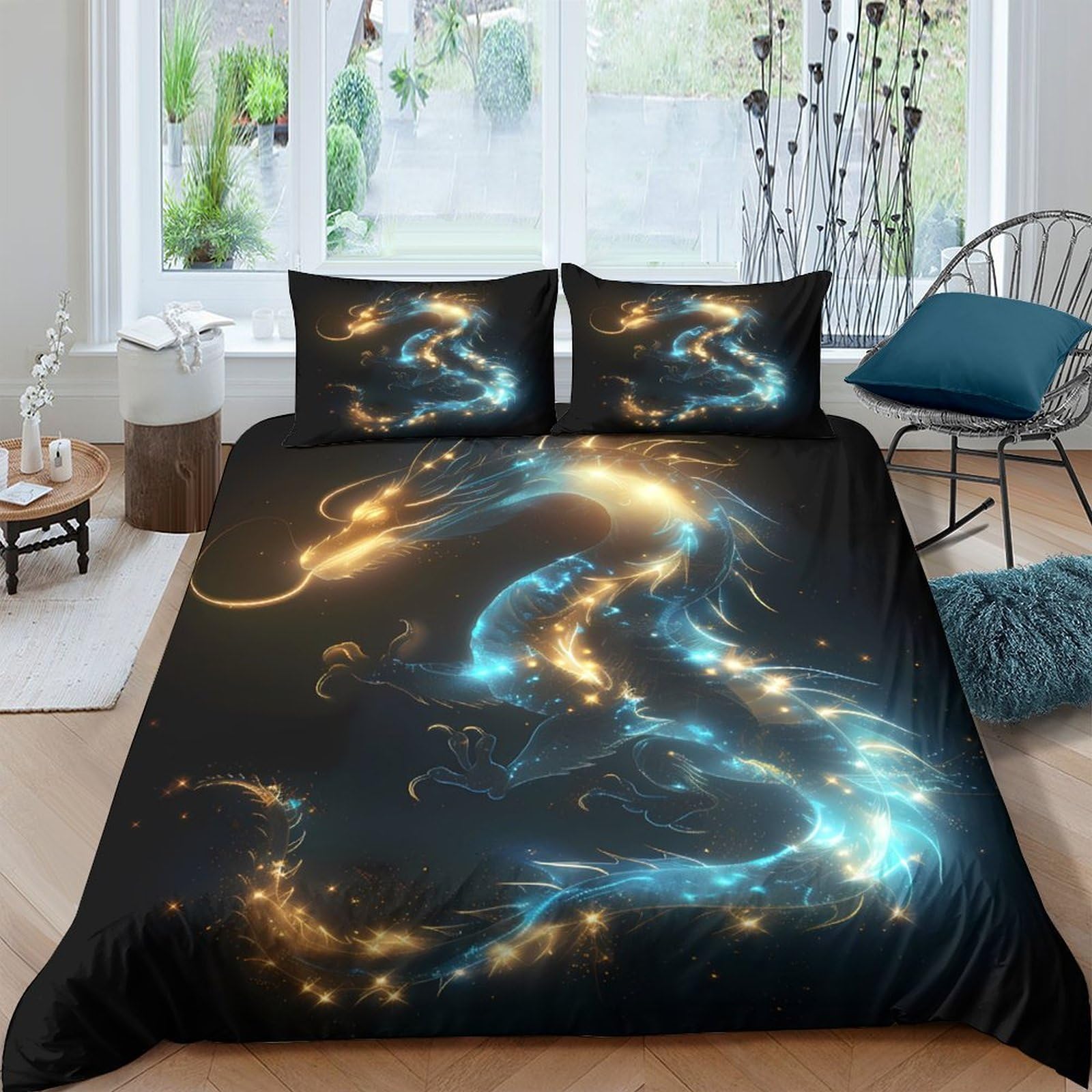 P5V6M1Q9 3D Printed Dragon Galaxy Duvet Cover Microfiber Soft Breathable Nebula Quilt Cover Set with 2 Pillowcases for Bedroom Decor Single（135x200cm）