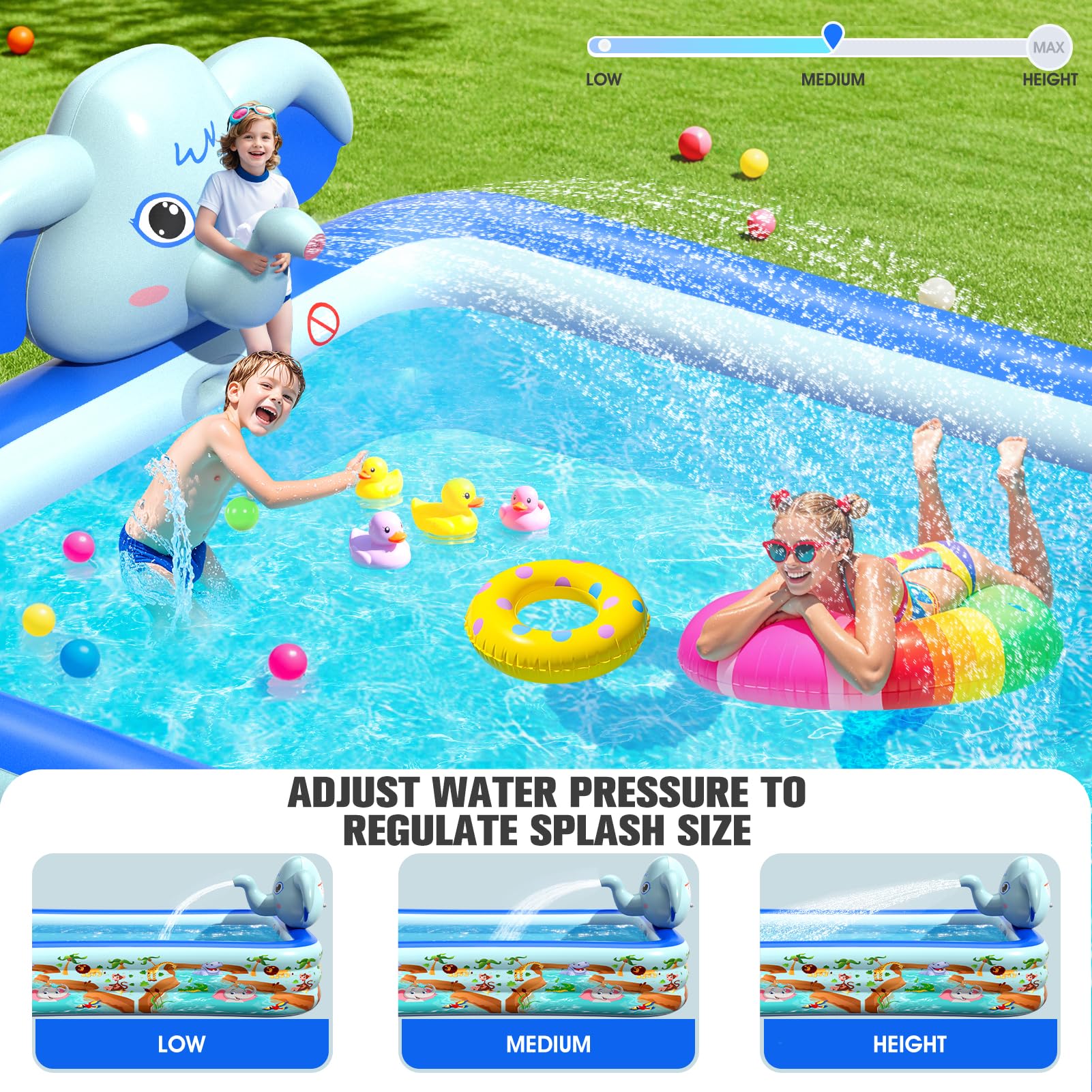 LanBlu Planschbecken Rechteckig mit Sprinkler, Elefant Aufblasbarer Pool Erwachsene, 0.6mm Verdicktes Family Pool, XXL 252×183×56CM