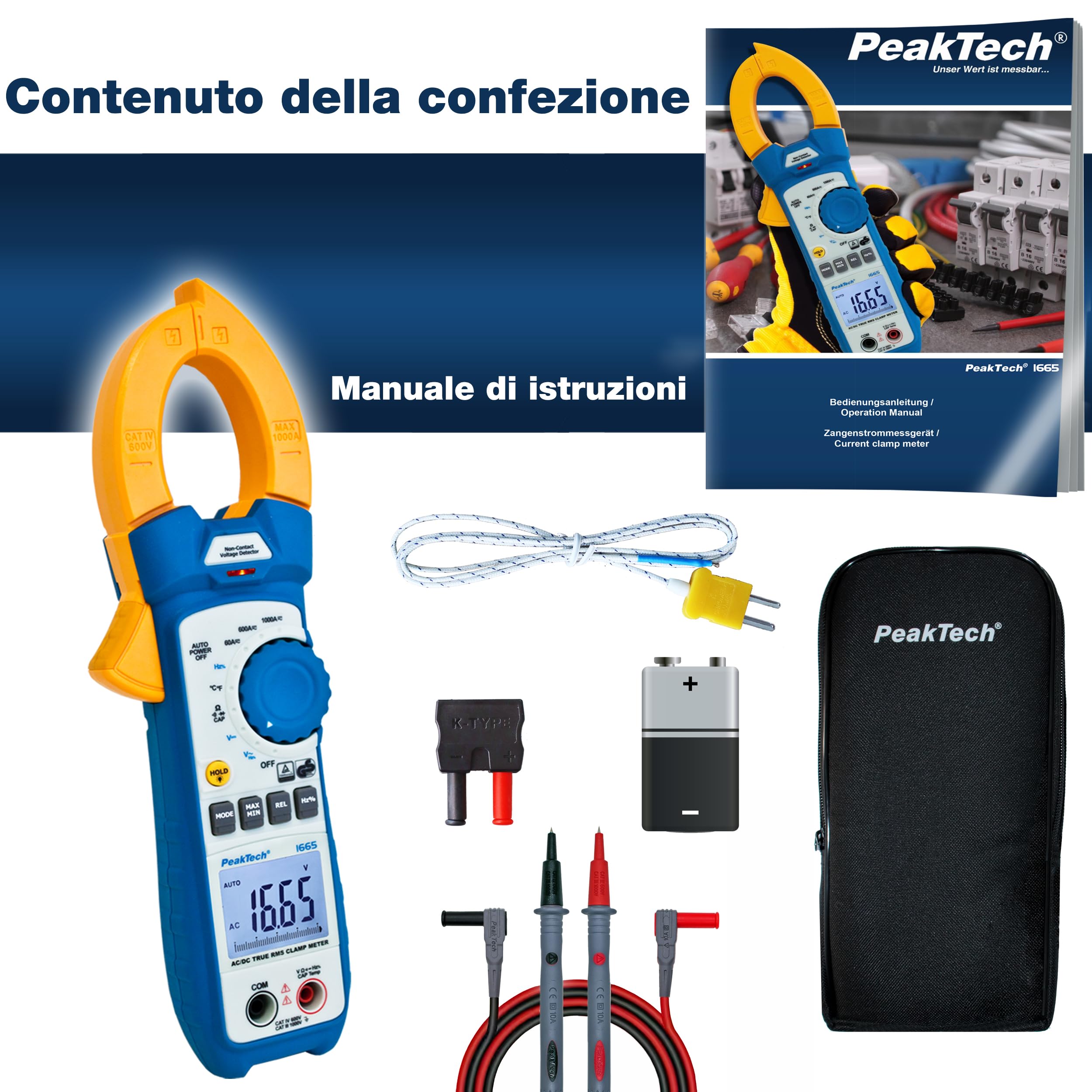 Peaktech P 1665 – Pinza Amperometrica Effettiva 1000A Ac/Dc con Luce LED, 6000 Conteggi, Multimetro Digitale, Tüv/Gs, Pinza Amperometrica, Voltmetro, Amperometro, Tester di Continuità - Max. 600 V