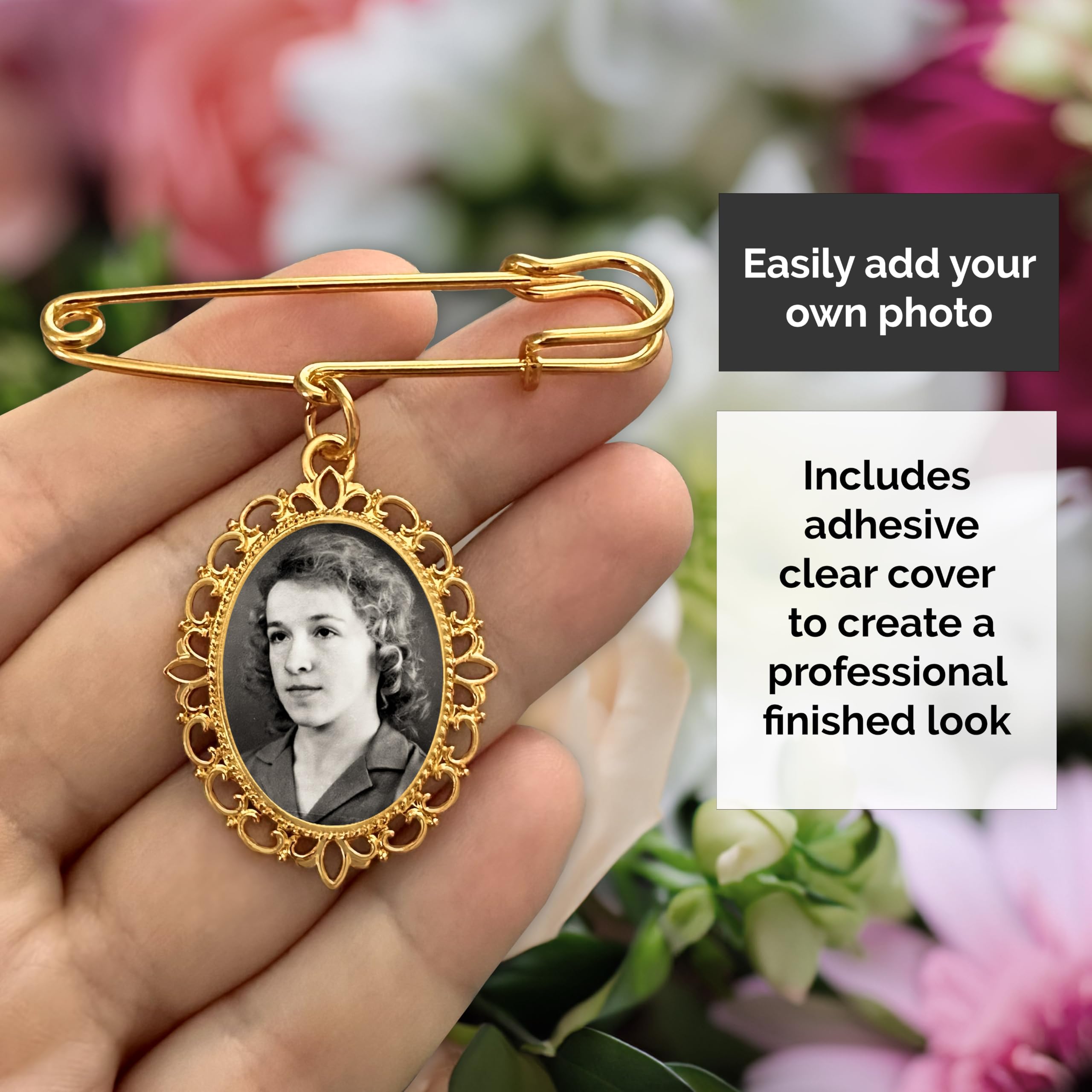 Goldener Hochzeitsstrauß, Foto-Charm-Anstecknadel für Brautstrauß oder Ansteckblumen, Gedenkstätte für Mutter, Vater der Braut oder des Bräutigams, Hochzeitszubehör